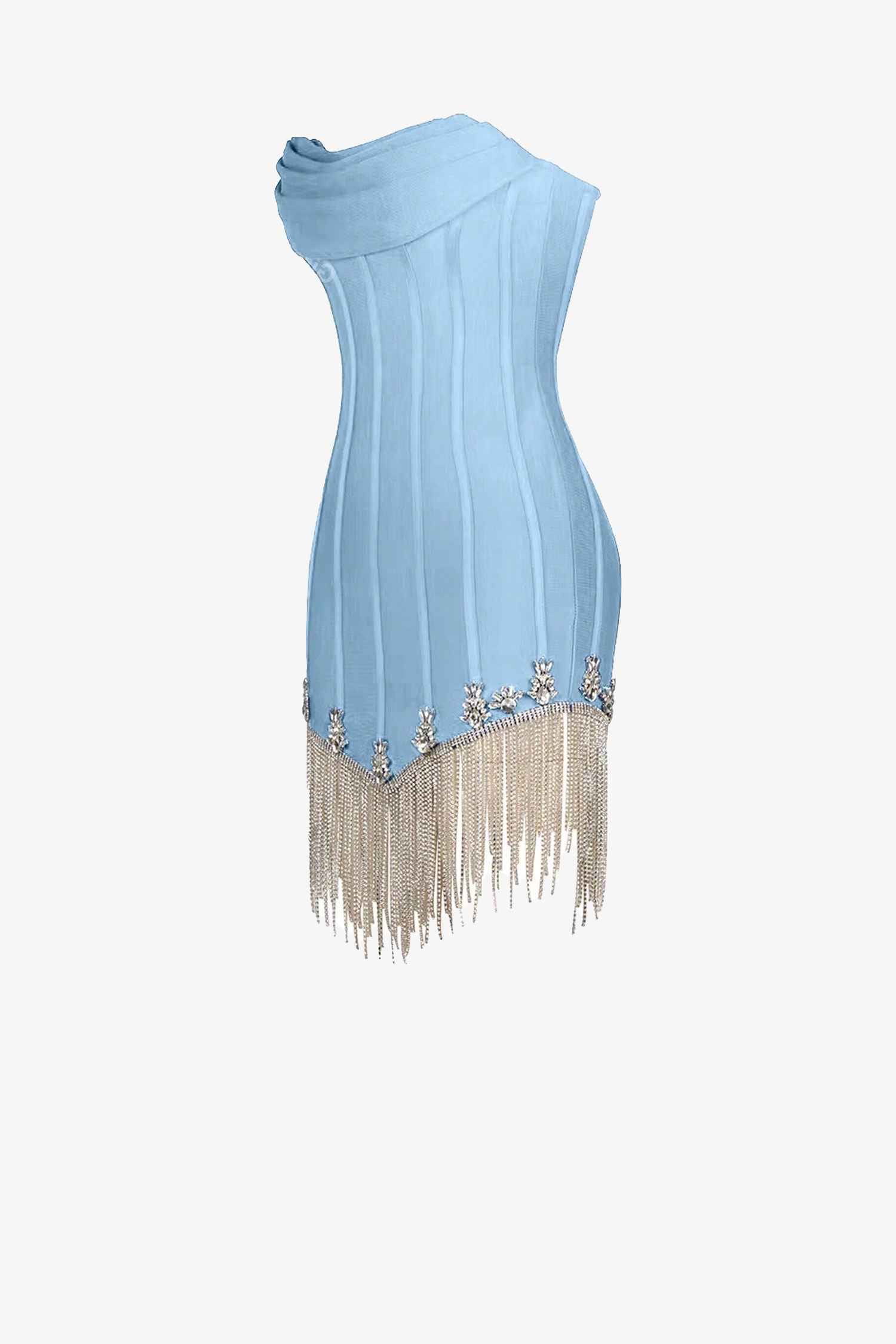 Light Blue Strapless Tassel Rhinestone Mini Dress Dress