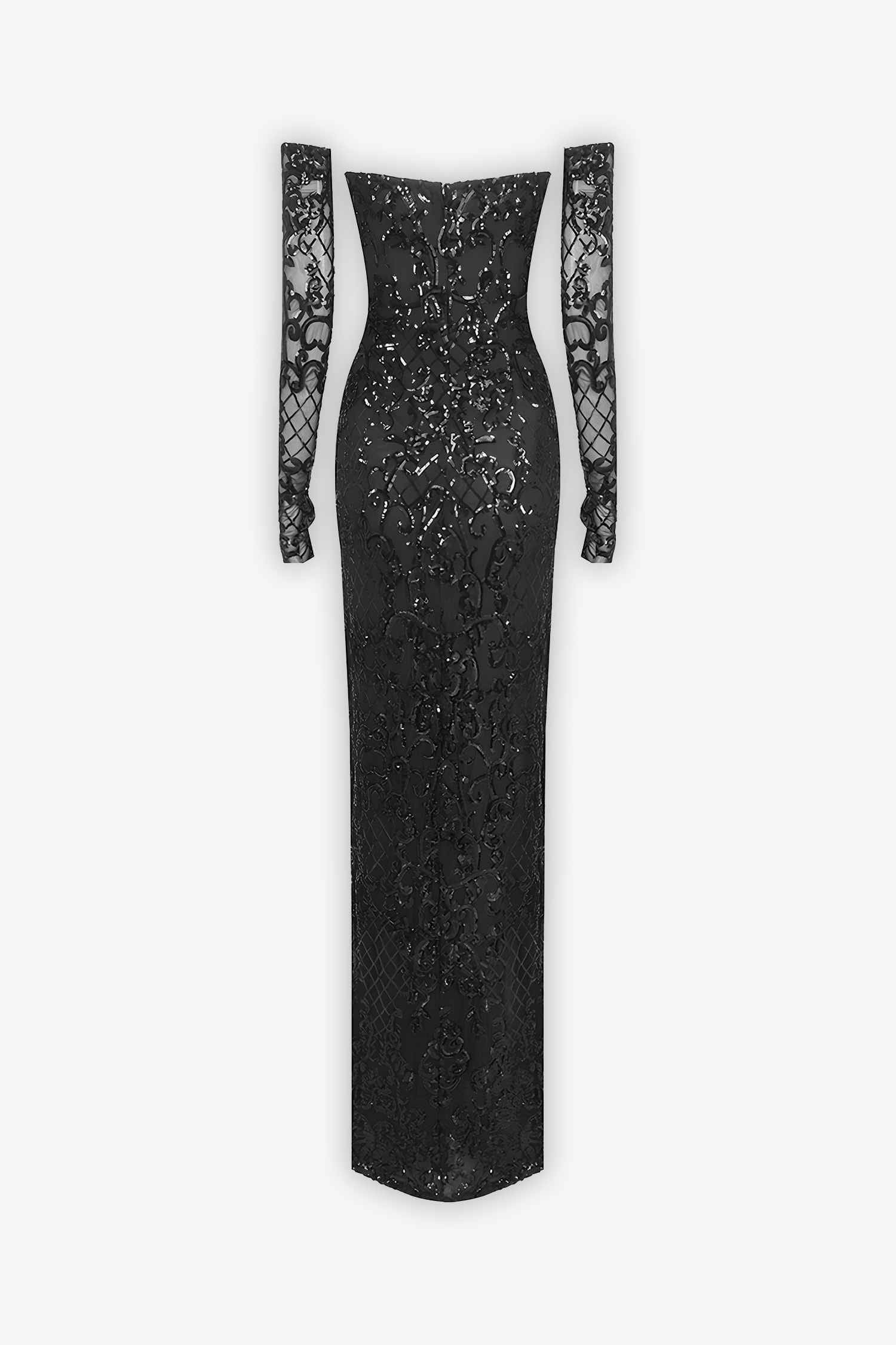 Maxi Black Sequin Beaded Split Dress With Gloves Dress