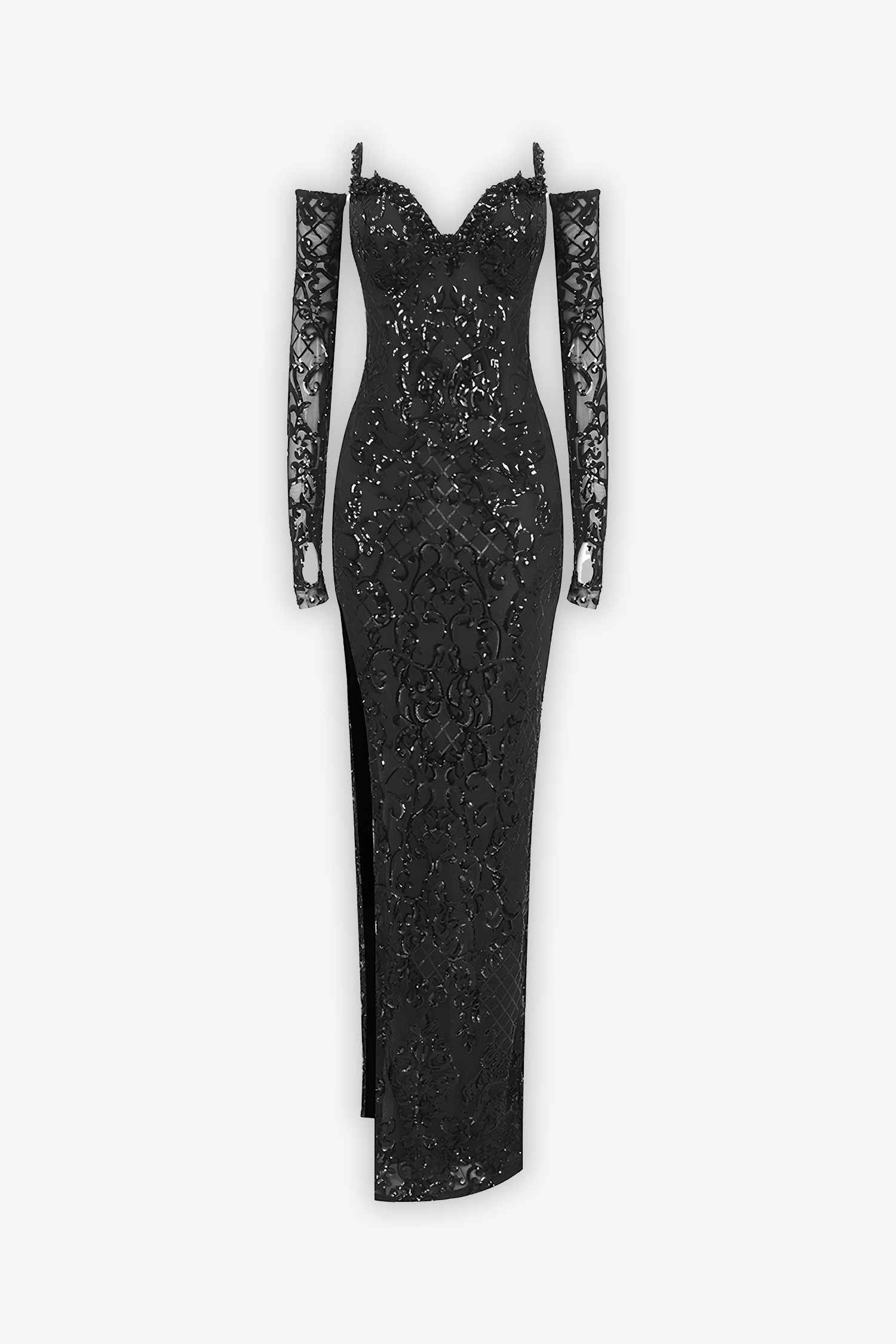 Maxi Black Sequin Beaded Split Dress With Gloves Dress