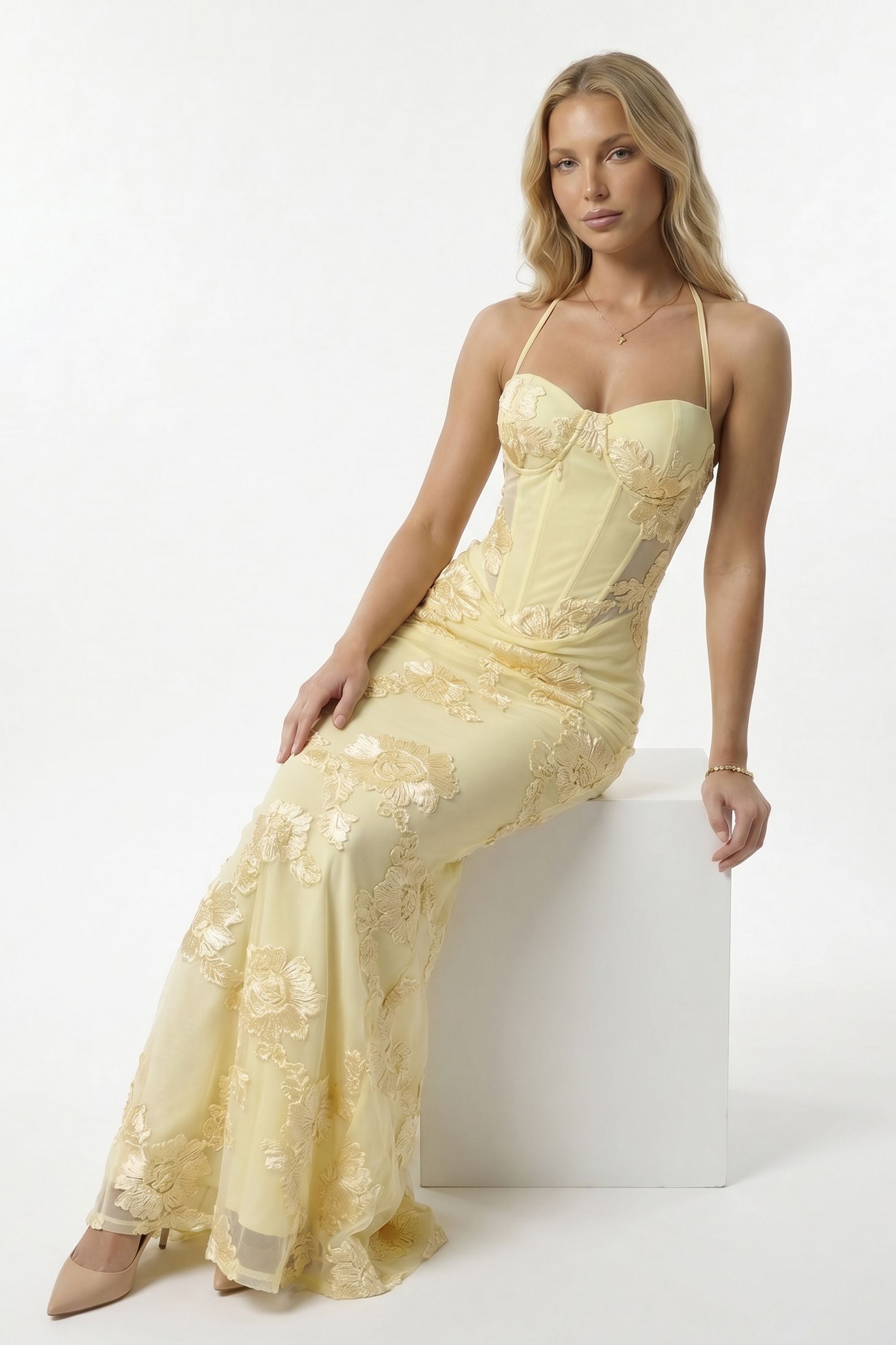 Pastel Yellow Floral Corset Mermaid Dress - Dress