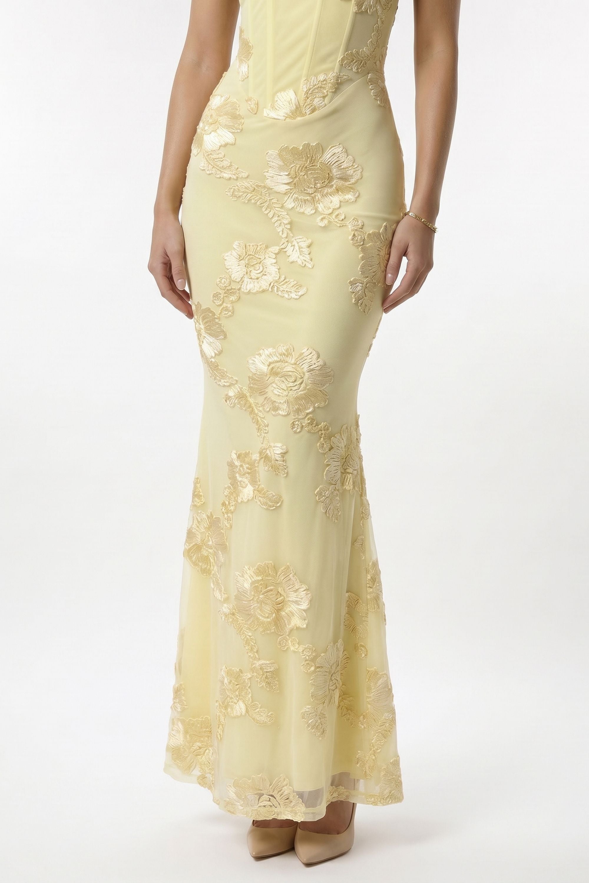 Pastel Yellow Floral Corset Mermaid Dress - Dress