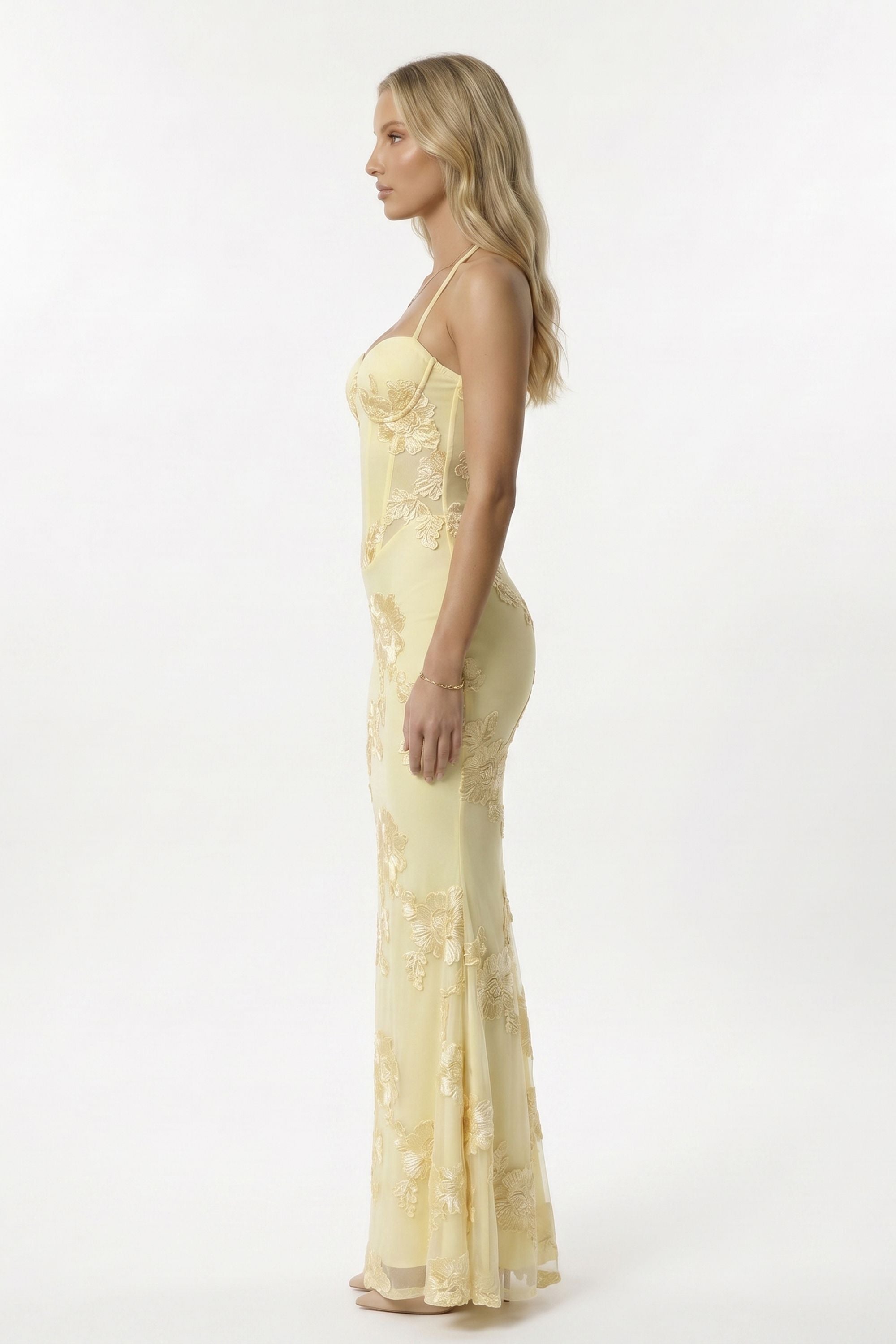 Pastel Yellow Floral Corset Mermaid Dress - Dress