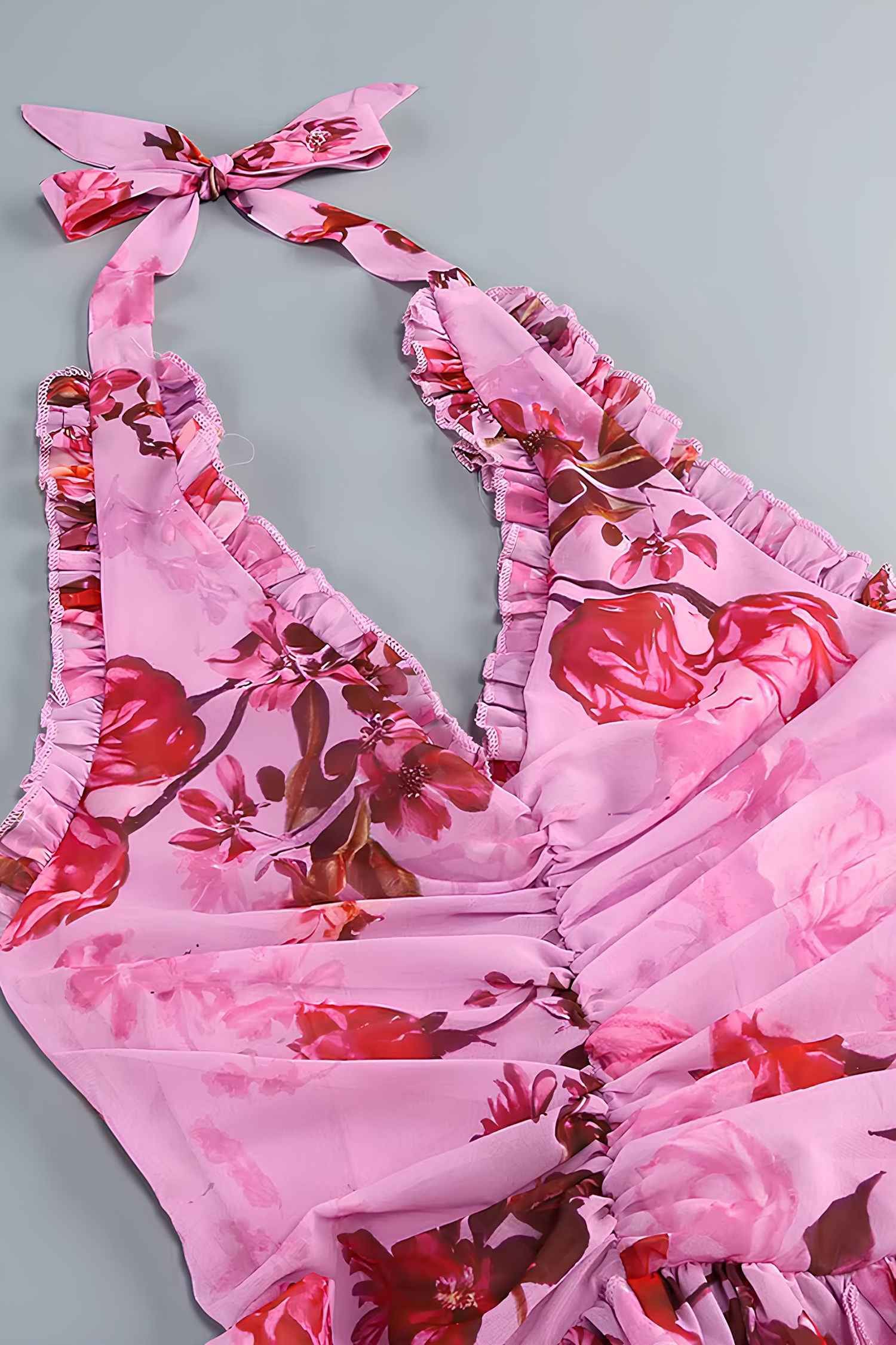 Pink Tulle Floral Ruffle Halter Maxi Dress Dress