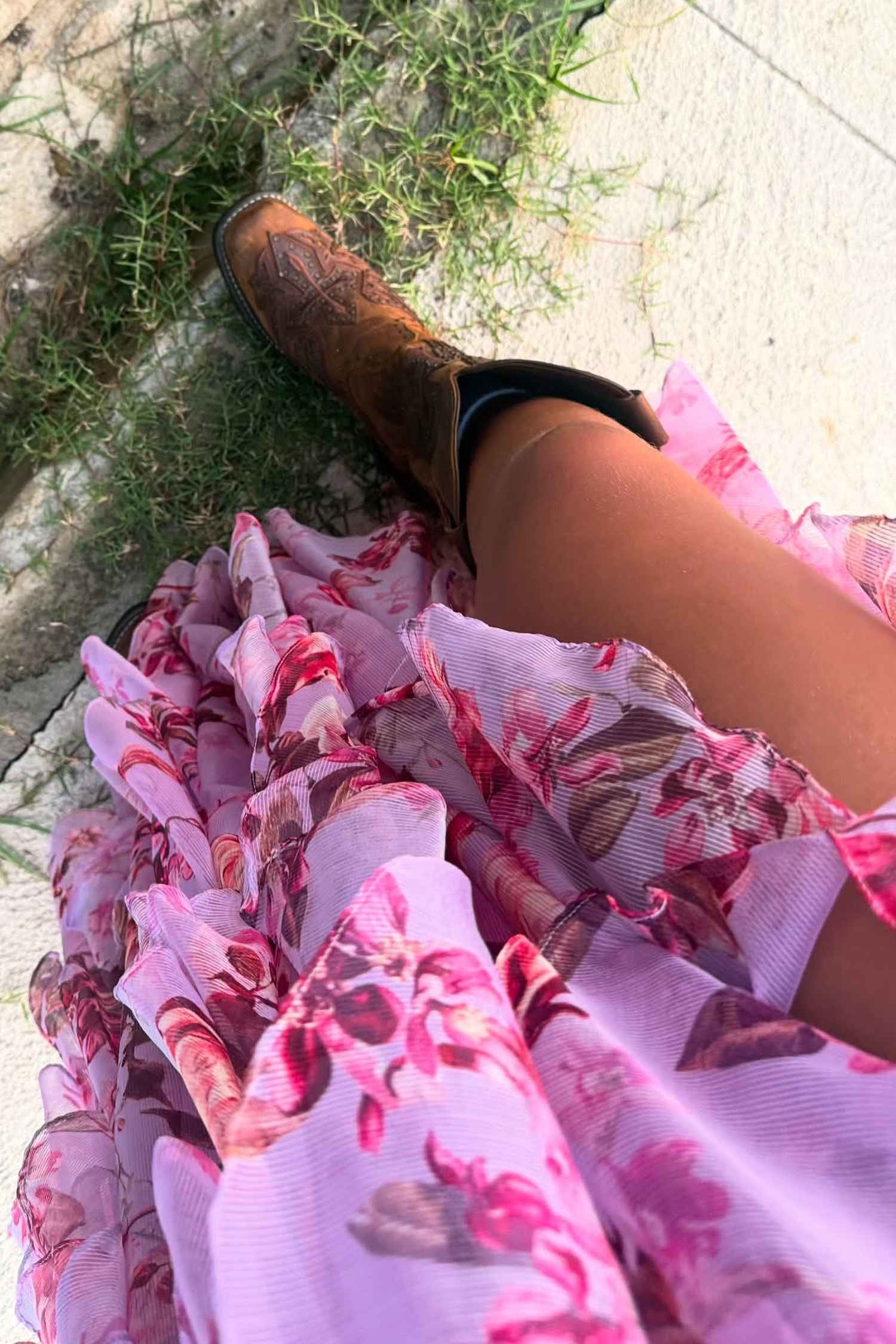 Pink Tulle Floral Ruffle Halter Maxi Dress Dress