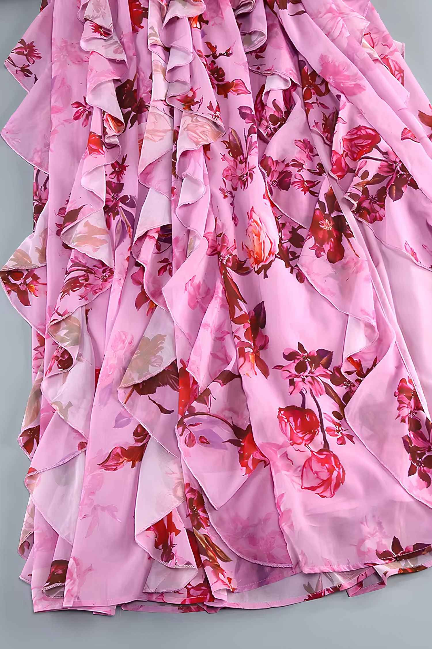 Pink Tulle Floral Ruffle Halter Maxi Dress Dress