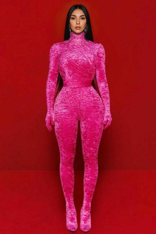 Pink Velvet Turtleneck Long Sleeve Jumpsuit Pink / XS Jumpsuit