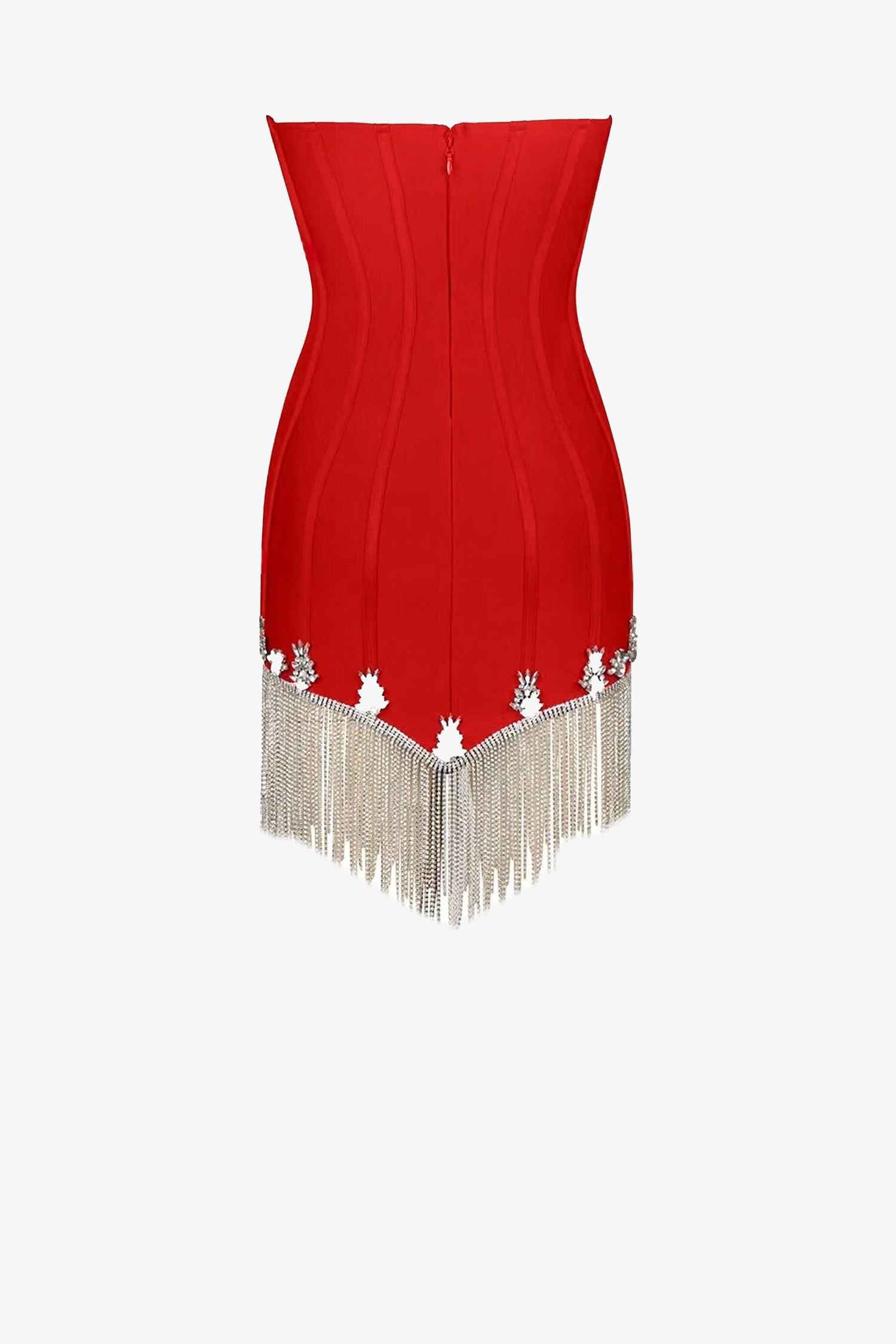 Red Corset Mini Dress with Rhinestone Fringe Dress