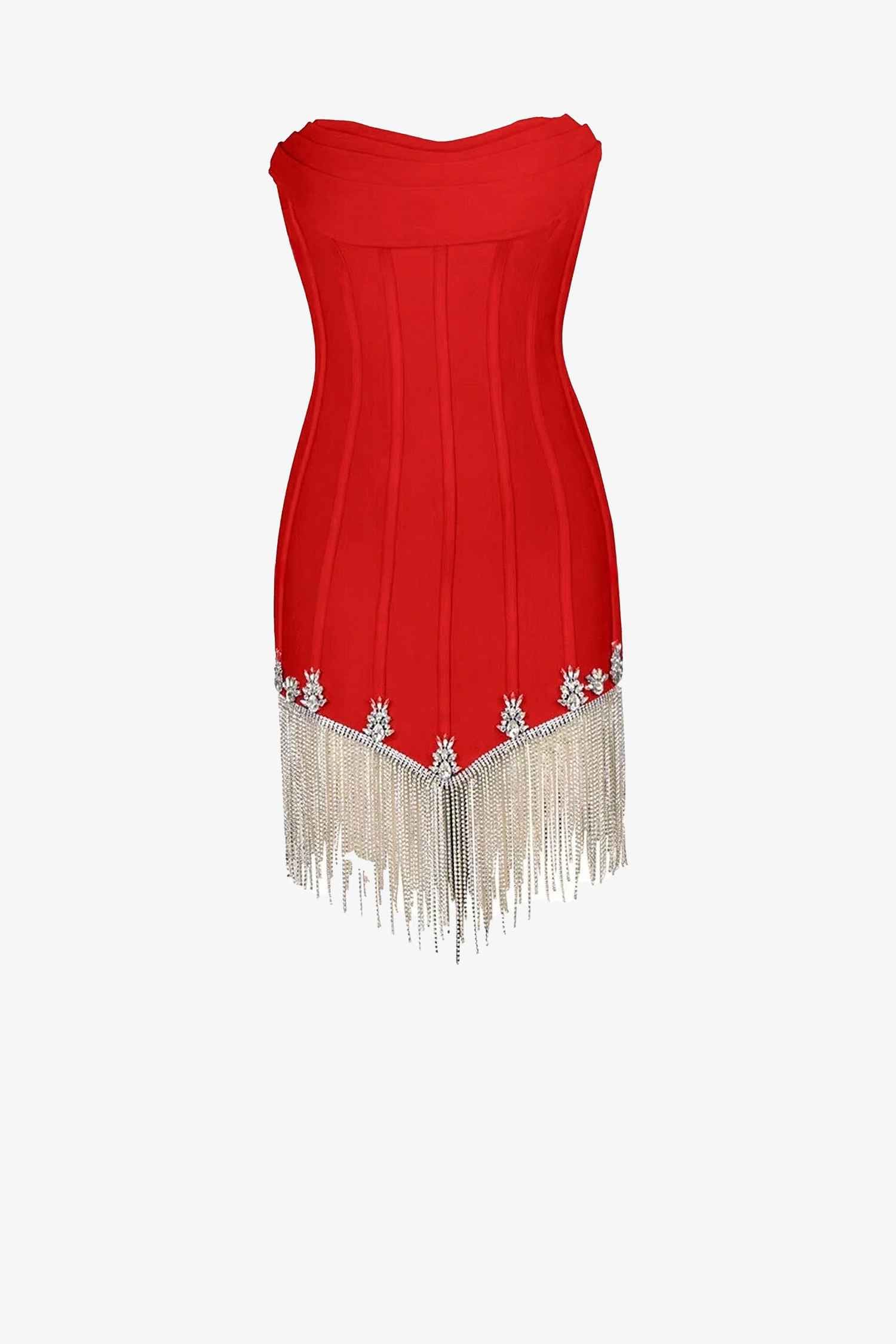 Red Corset Mini Dress with Rhinestone Fringe Dress