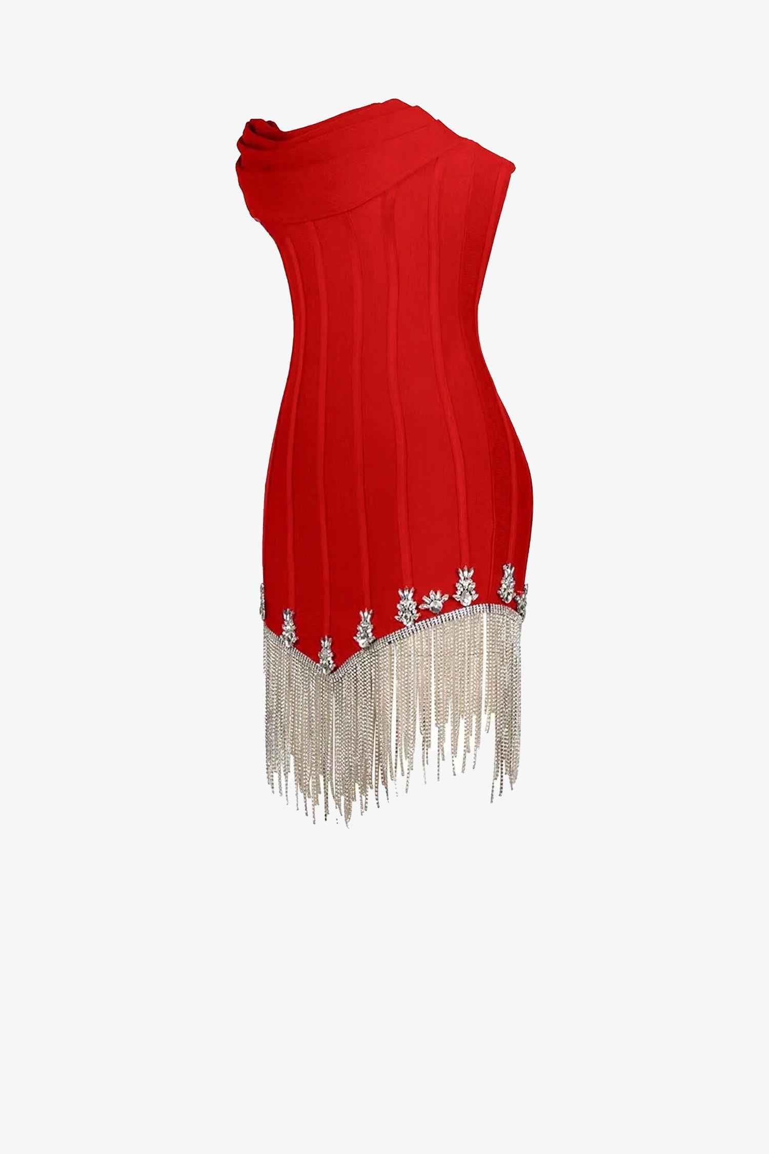 Red Corset Mini Dress with Rhinestone Fringe Dress