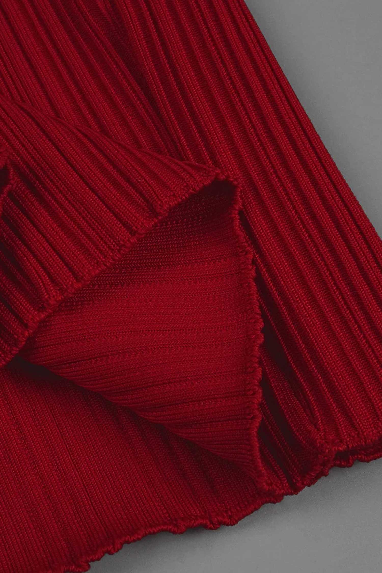 Red Long Sleeve High Neck Ribbed Maxi Dress Dress