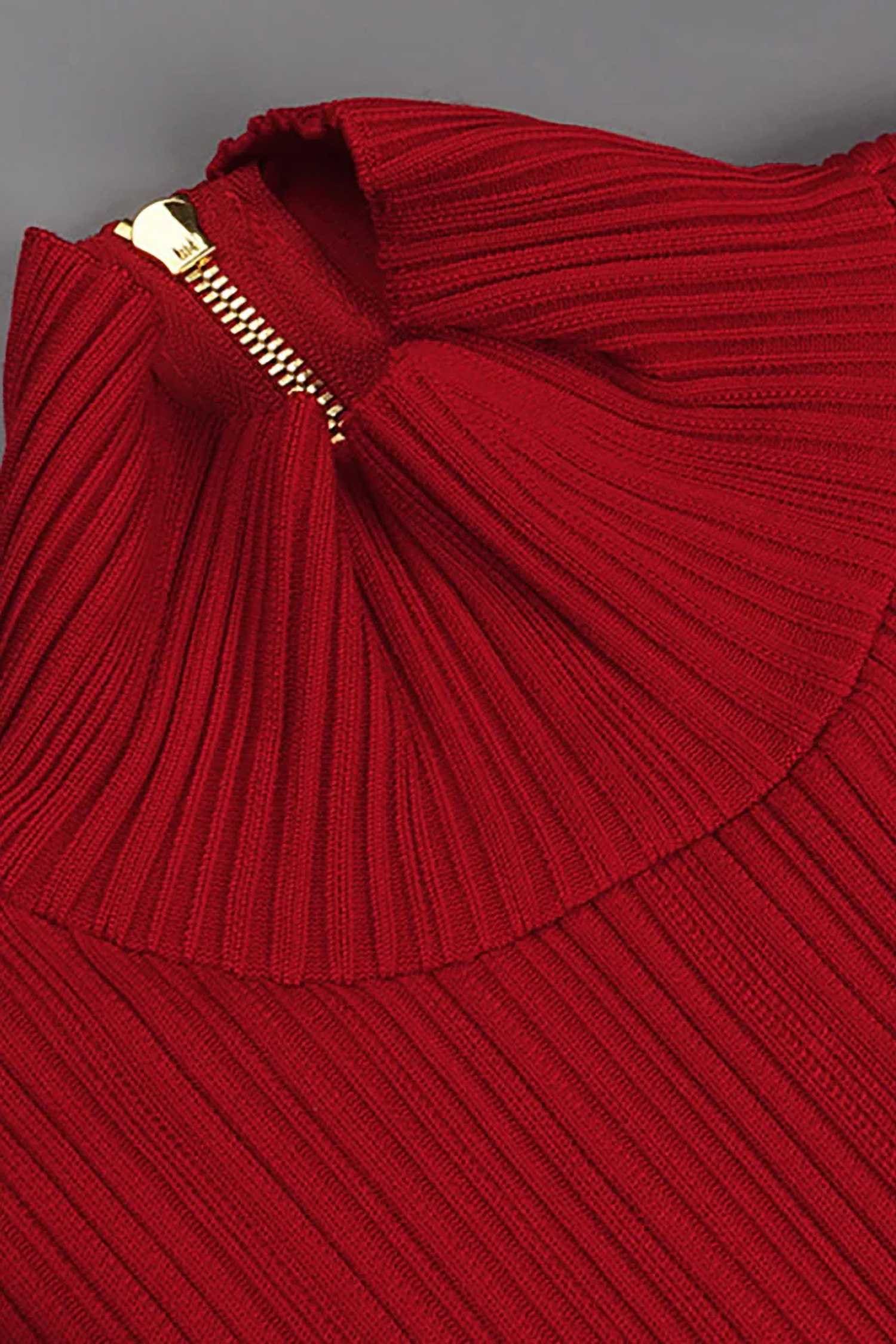 Red Long Sleeve High Neck Ribbed Maxi Dress Dress