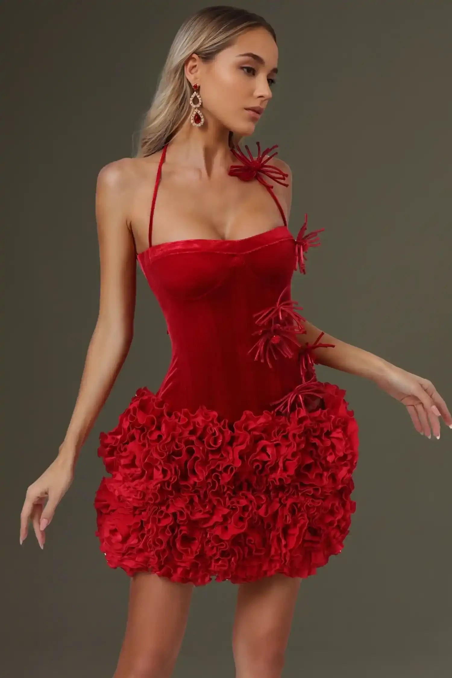 Red Velvet Corset Top And Bubble Floral Skirt Set Dress