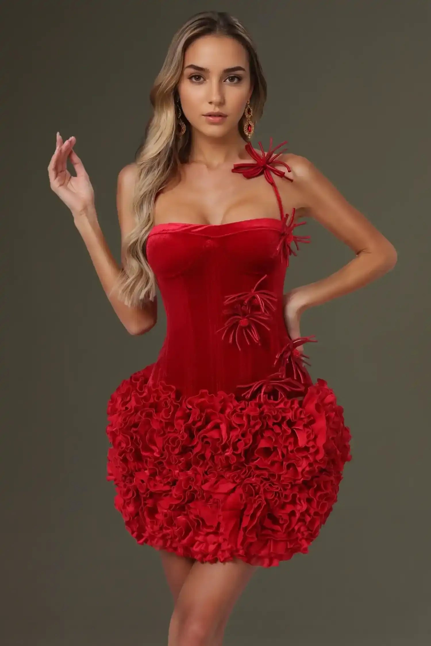 Red Velvet Corset Top And Bubble Floral Skirt Set Dress