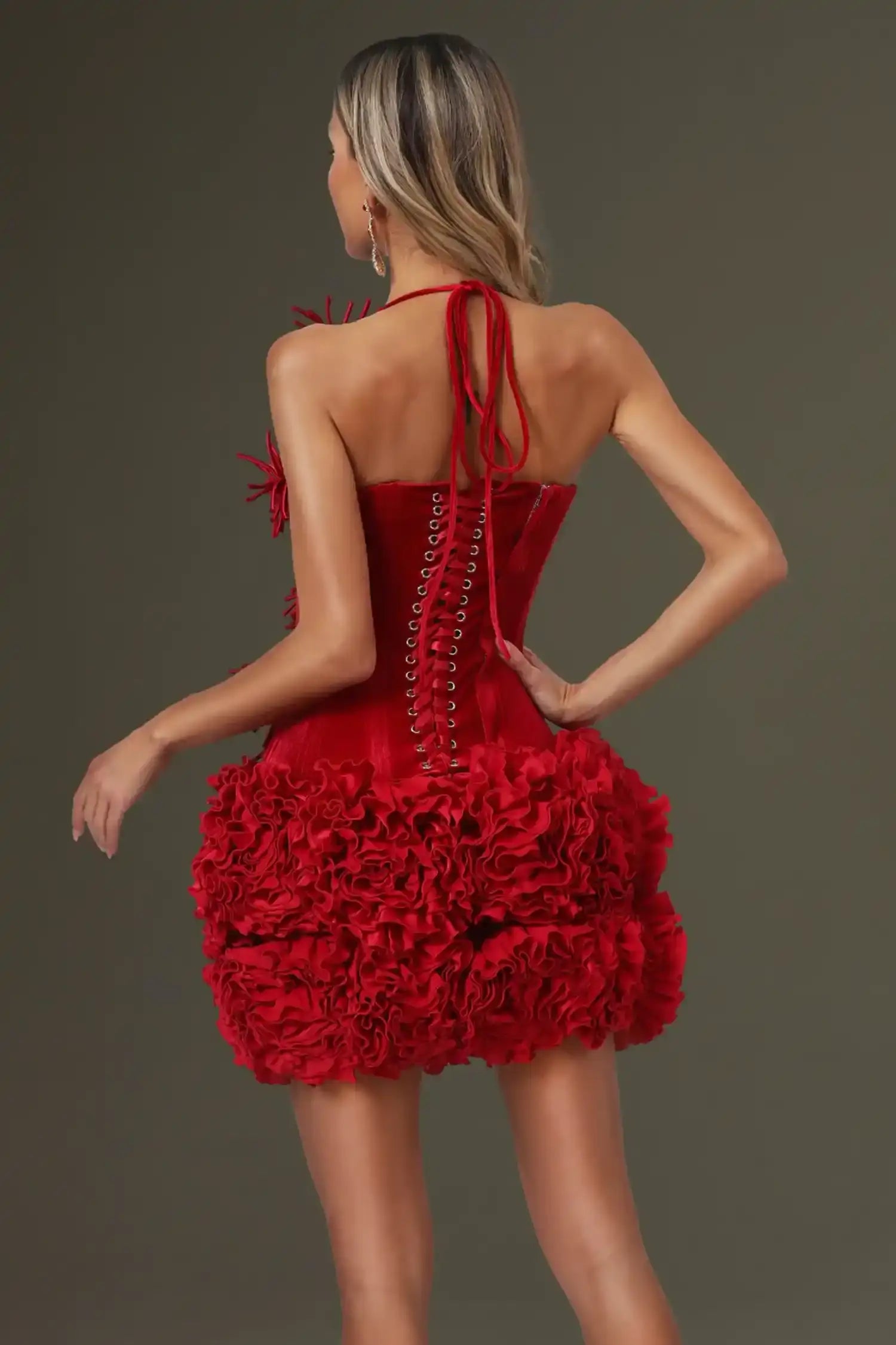 Red Velvet Corset Top And Bubble Floral Skirt Set Dress