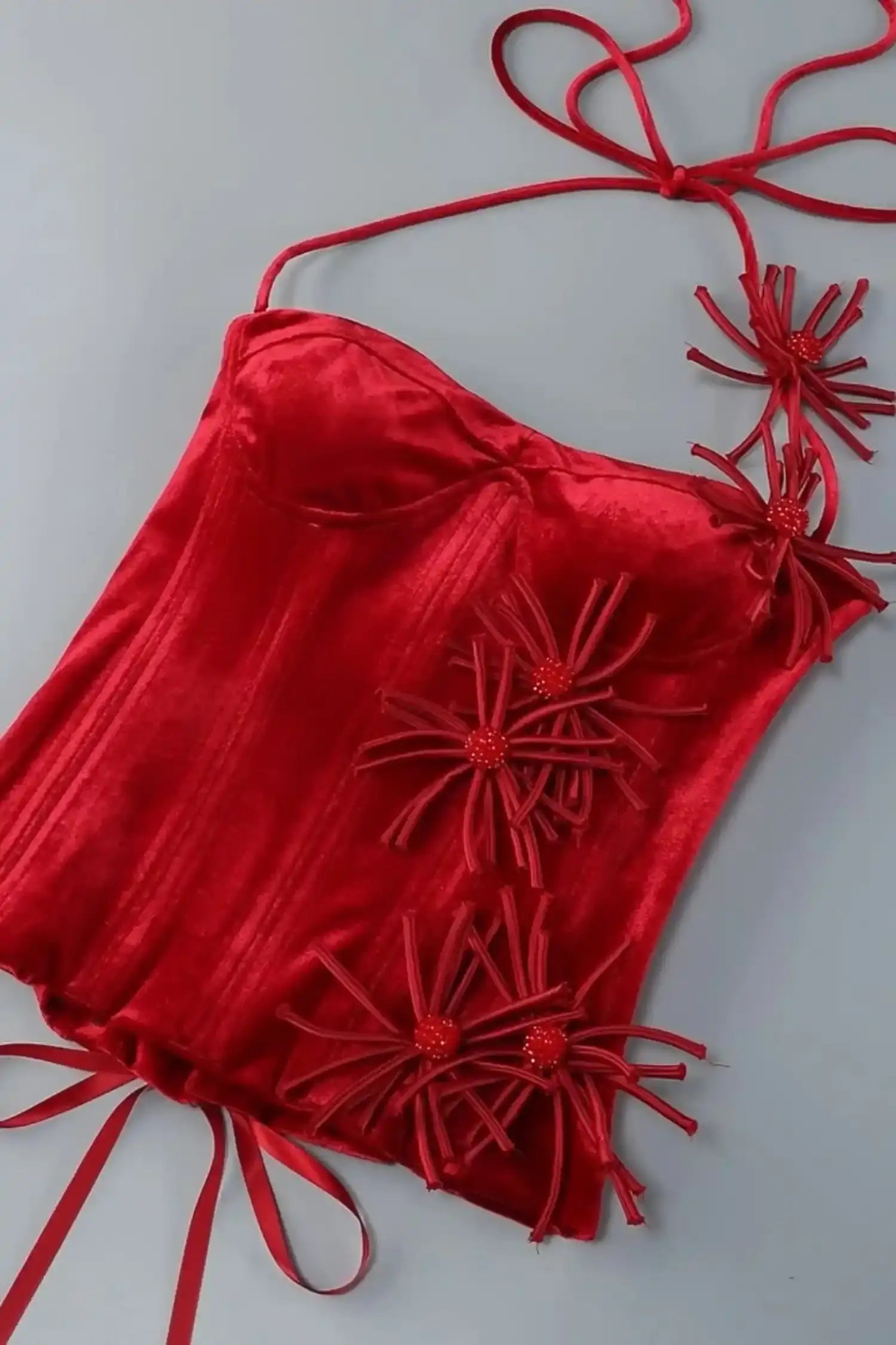 Red Velvet Corset Top And Bubble Floral Skirt Set Dress