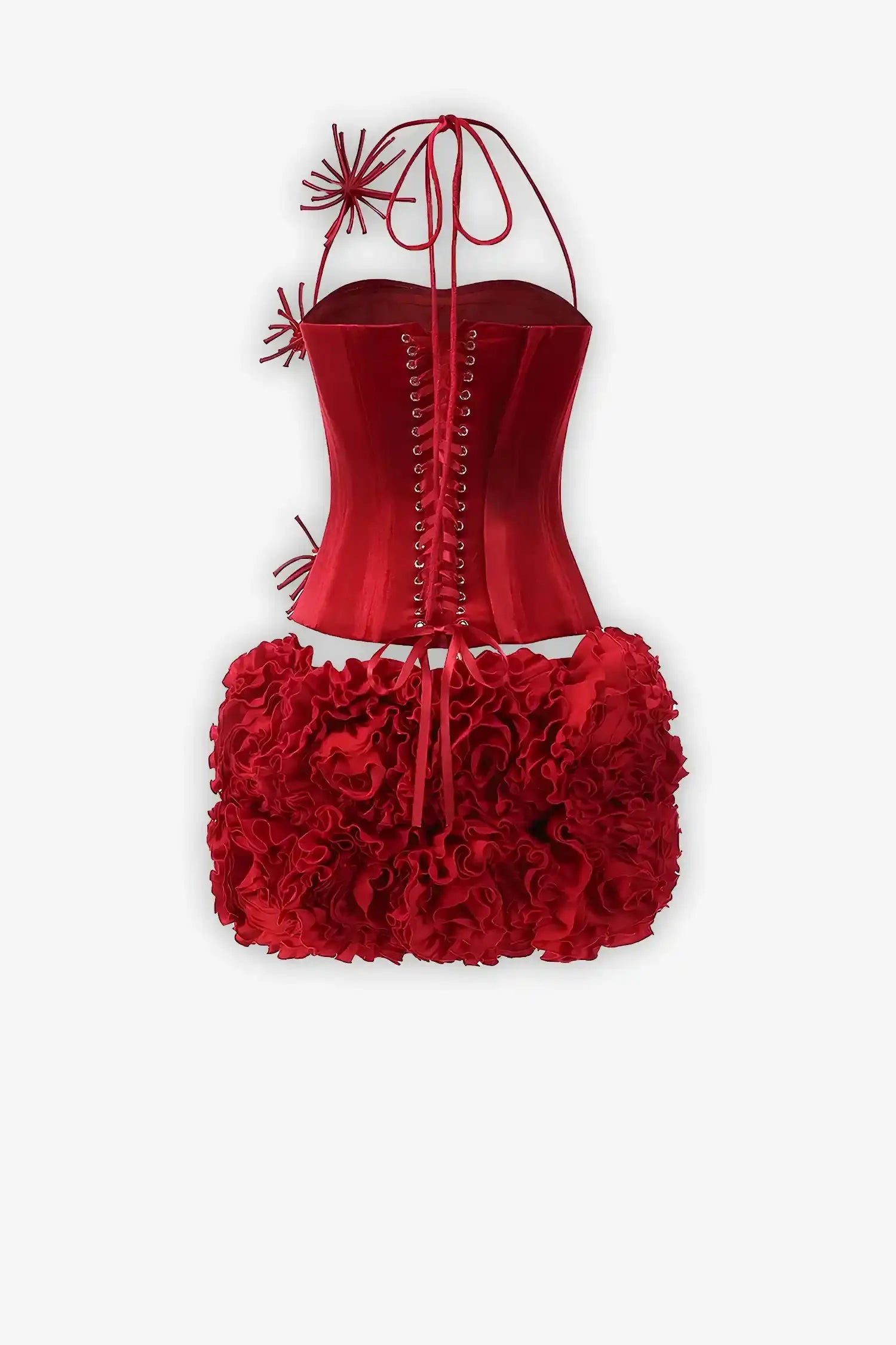 Red Velvet Corset Top And Bubble Floral Skirt Set Dress
