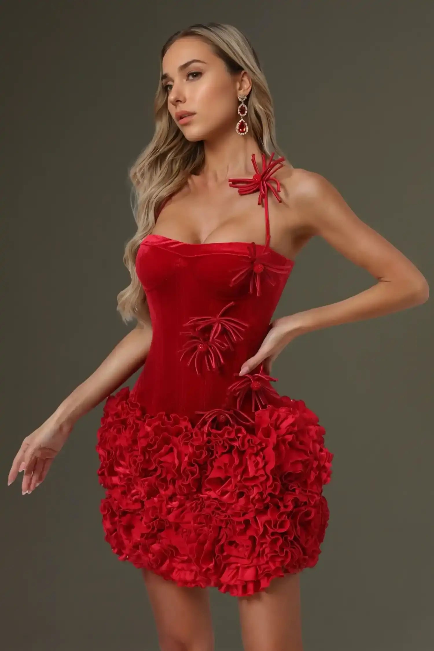 Red Velvet Corset Top And Bubble Floral Skirt Set Dress