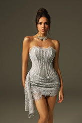 Silver Strapless Lace Corset Mini Dress Silver / 2 Dress