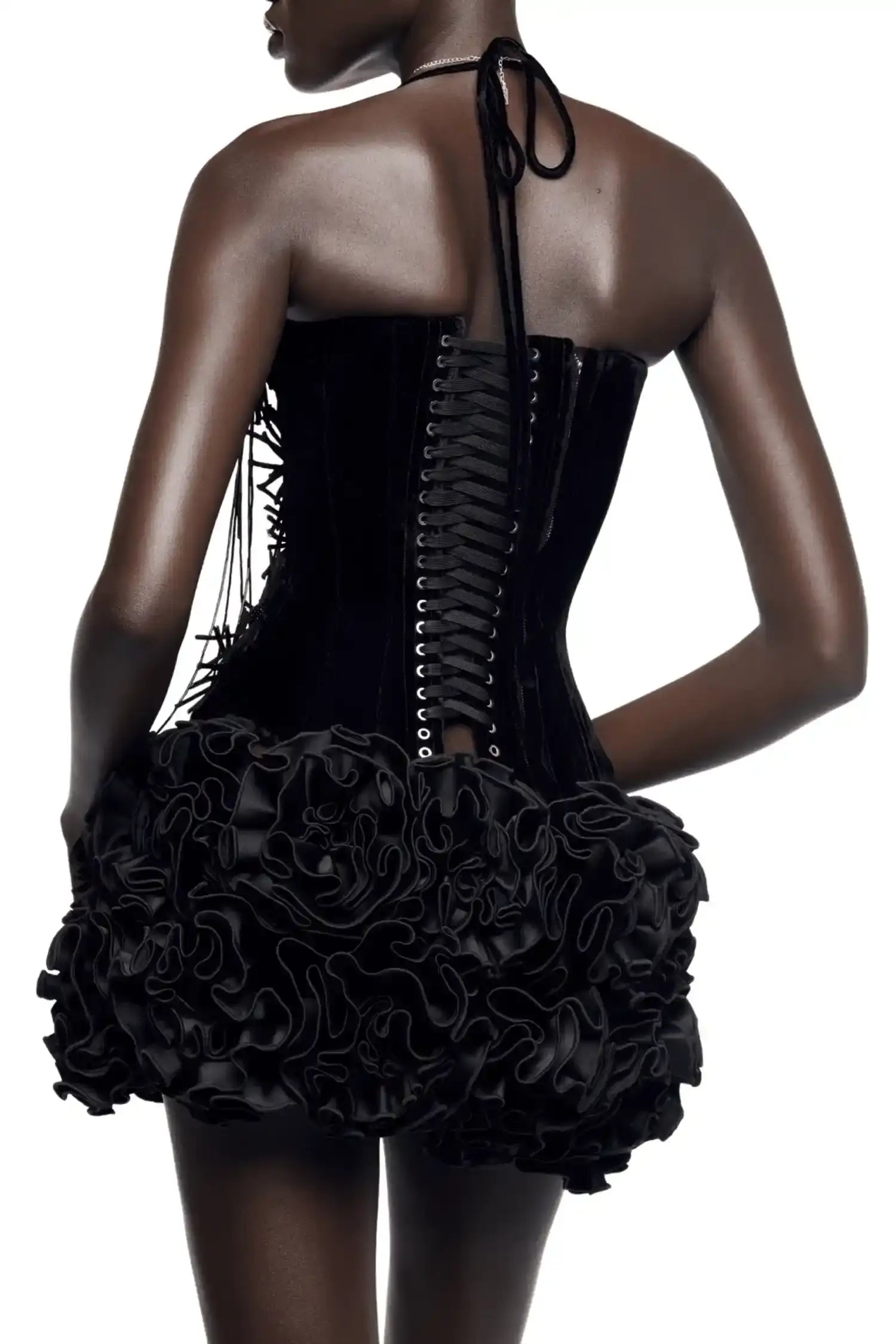 Two Piece Black Velvet Corset And Bubble Floral Skirt Dress