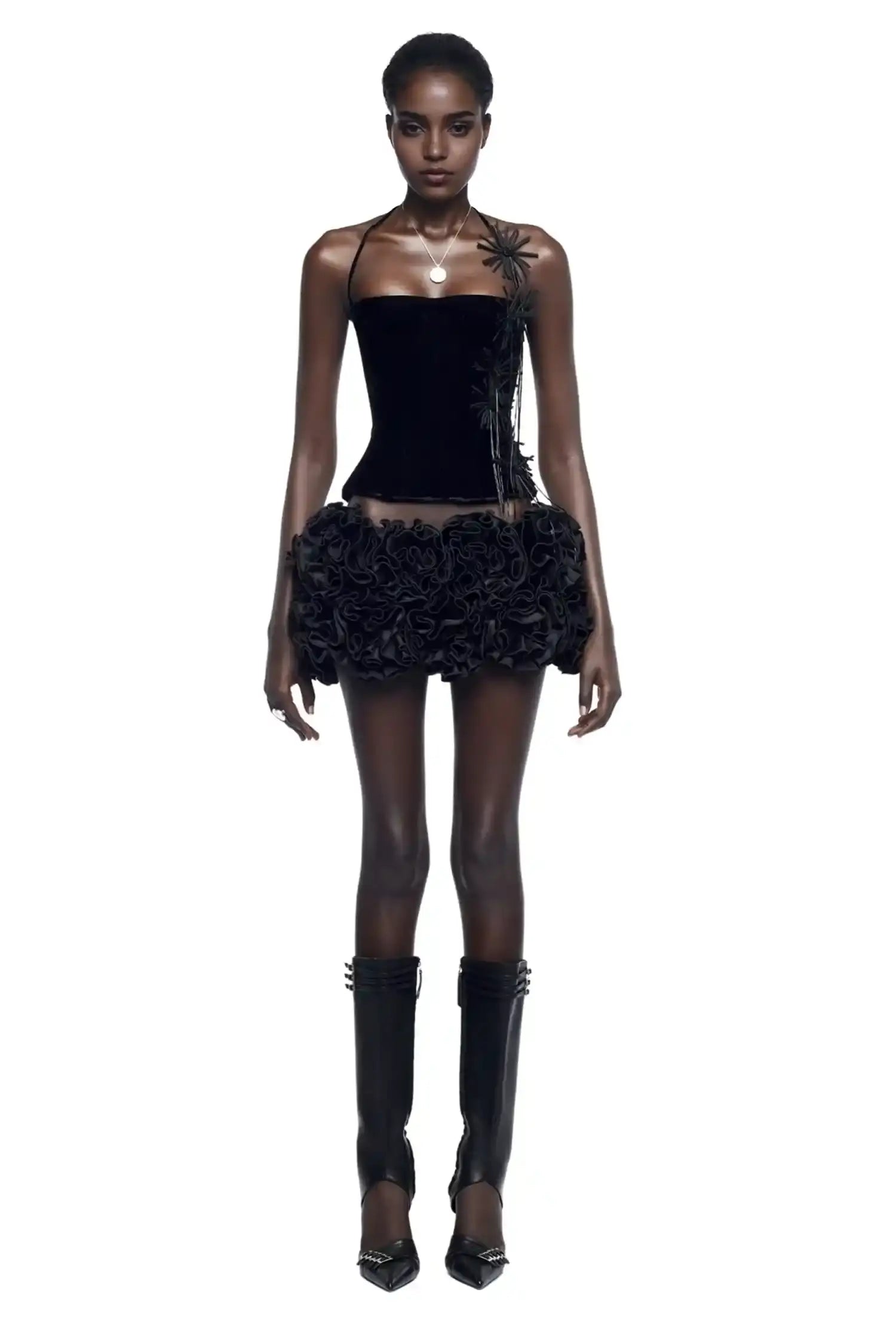 Two Piece Black Velvet Corset And Bubble Floral Skirt Dress