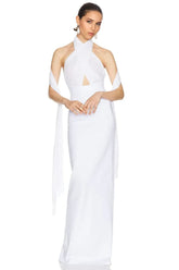 White Backless Plunge Backless Maxi Dress