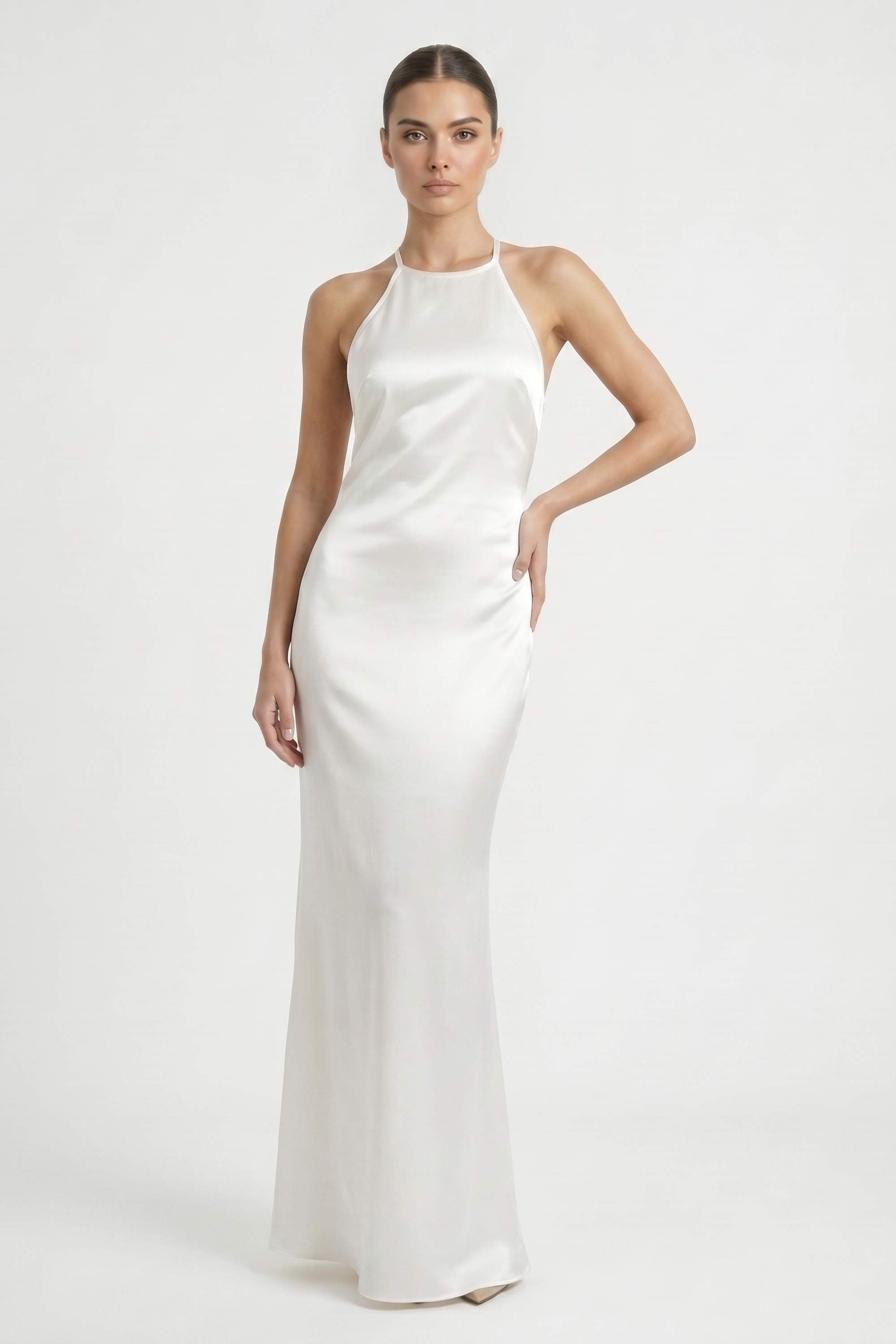 White Backless Rhinestone Satin Maxi Dress - Dress