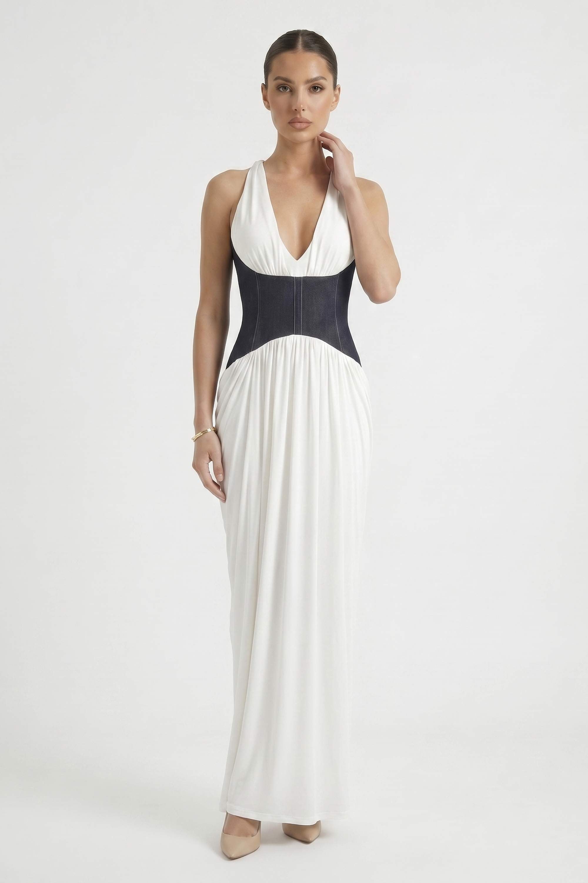 White Halter Neck Denim Corset Maxi Dress - White / Dress