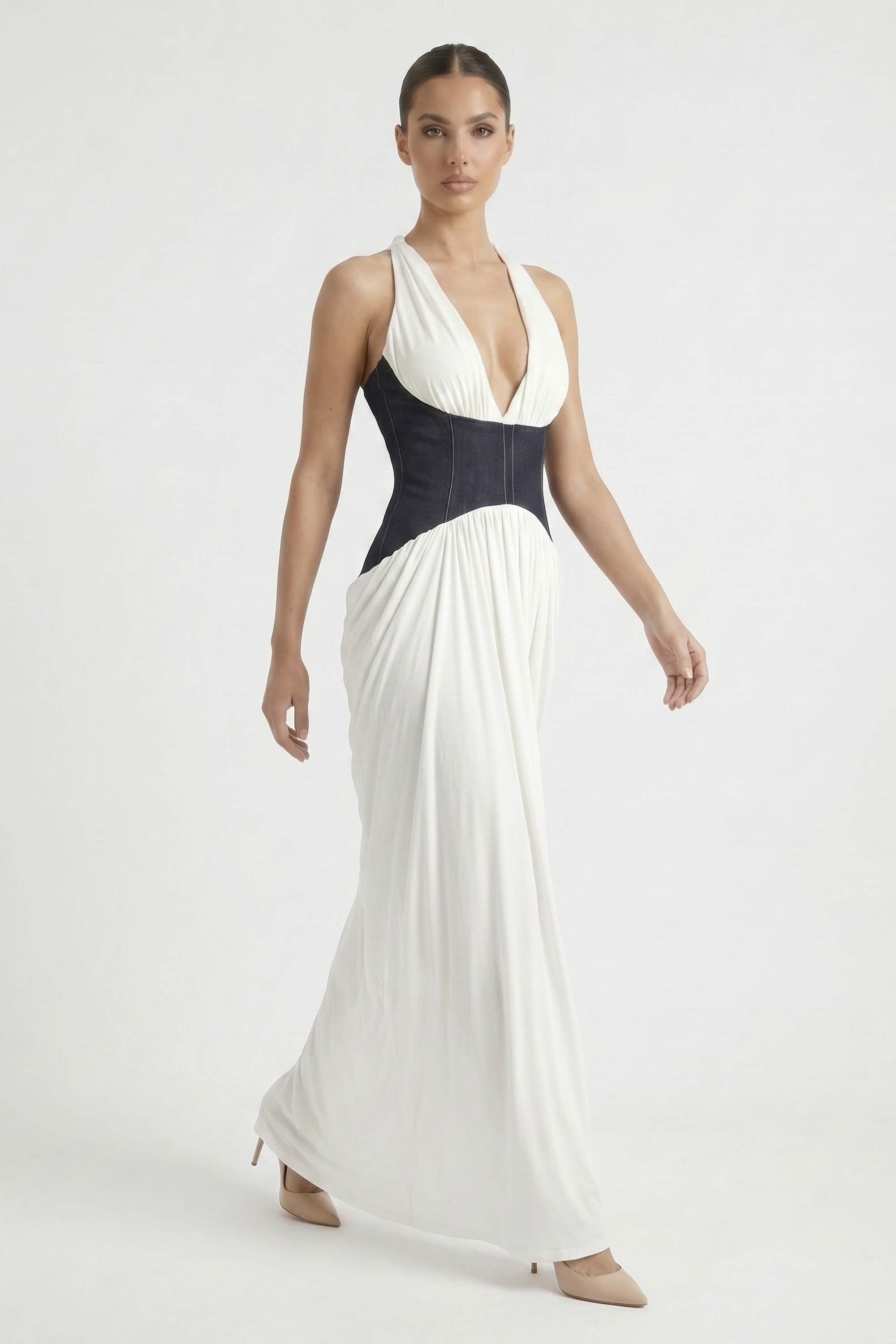 White Halter Neck Denim Corset Maxi Dress - Dress