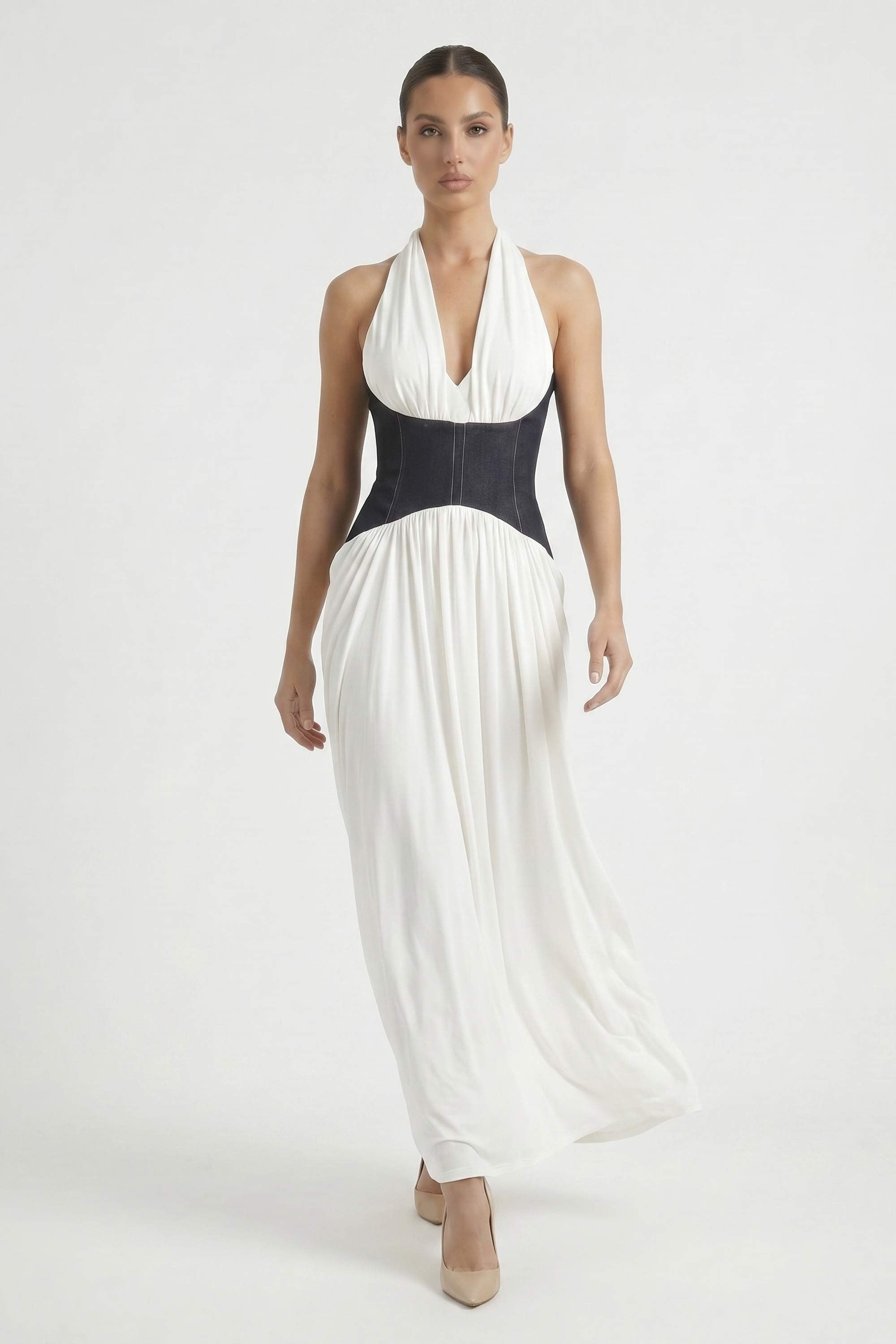 White Halter Neck Denim Corset Maxi Dress - Dress