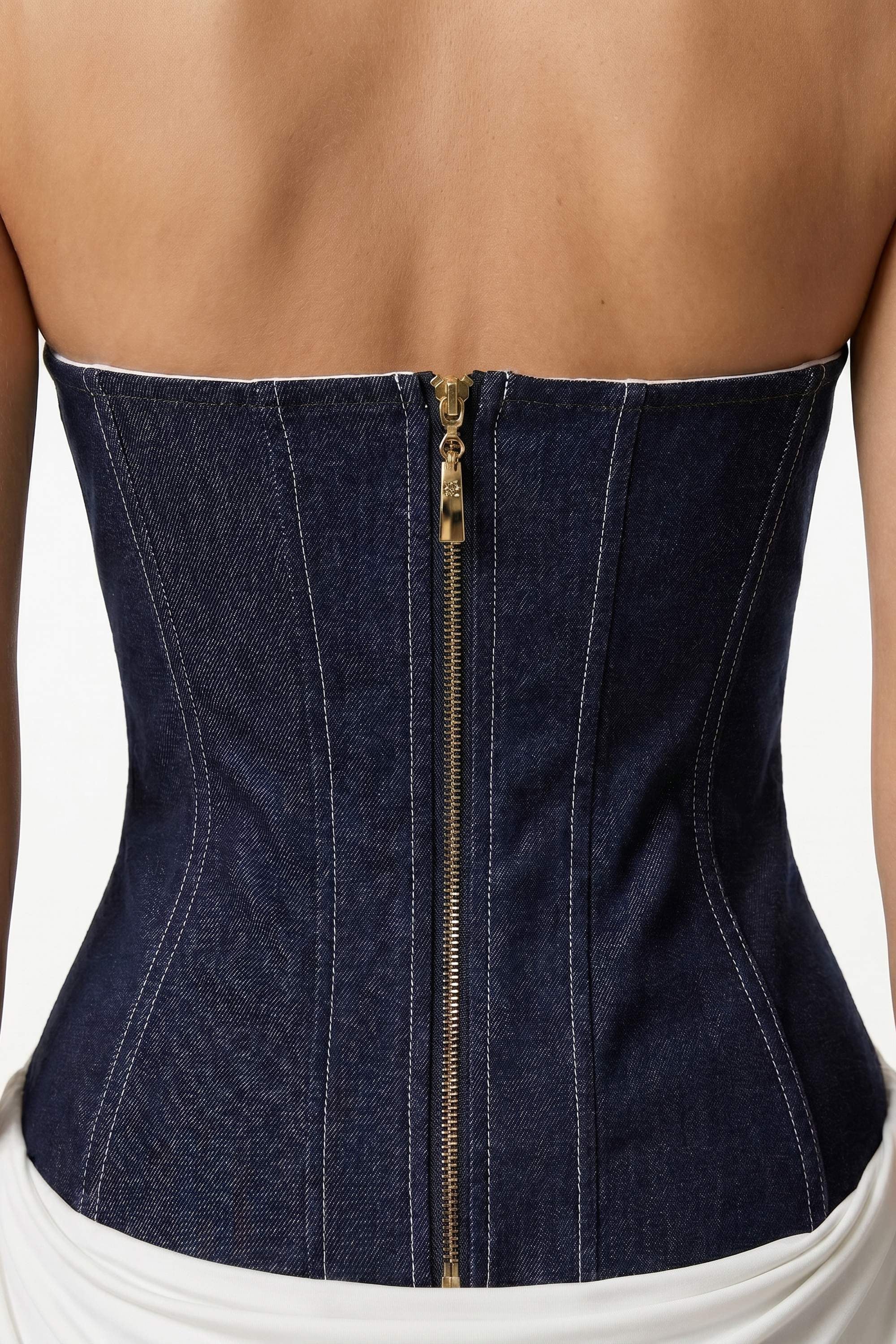 White Halter Neck Denim Corset Maxi Dress - Dress