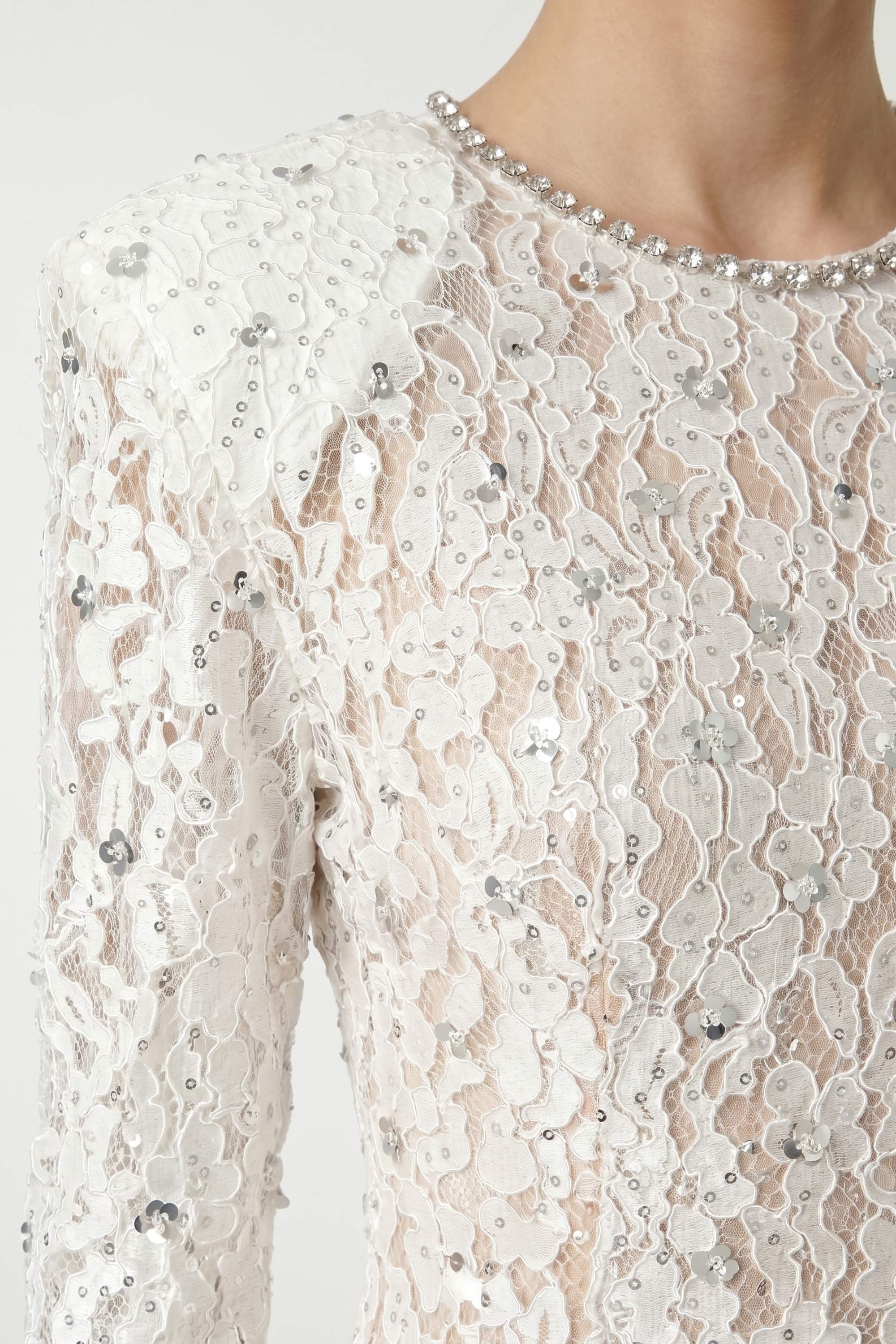 White Long Sleeve Draped Lace Sequin Mini Dress - Dress