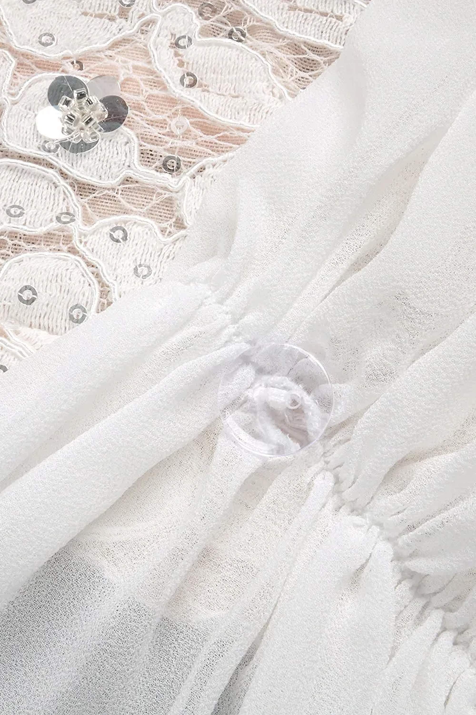 White Long Sleeve Draped Lace Sequin Mini Dress - Dress
