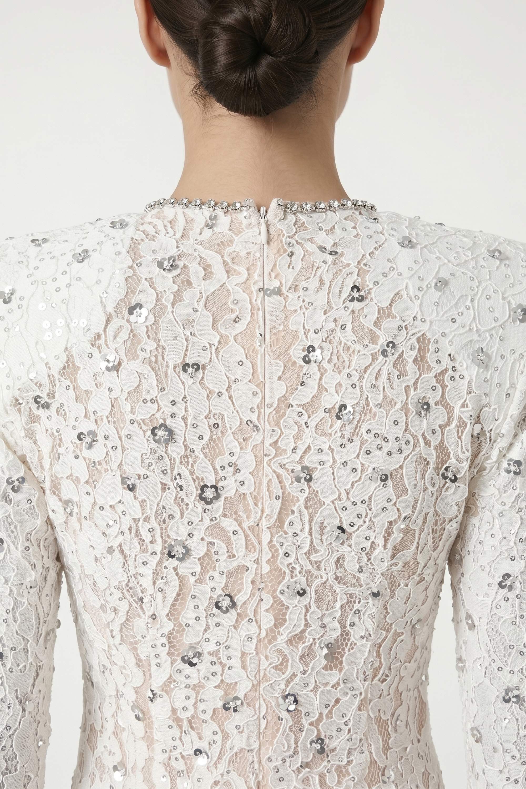 White Long Sleeve Draped Lace Sequin Mini Dress - Dress