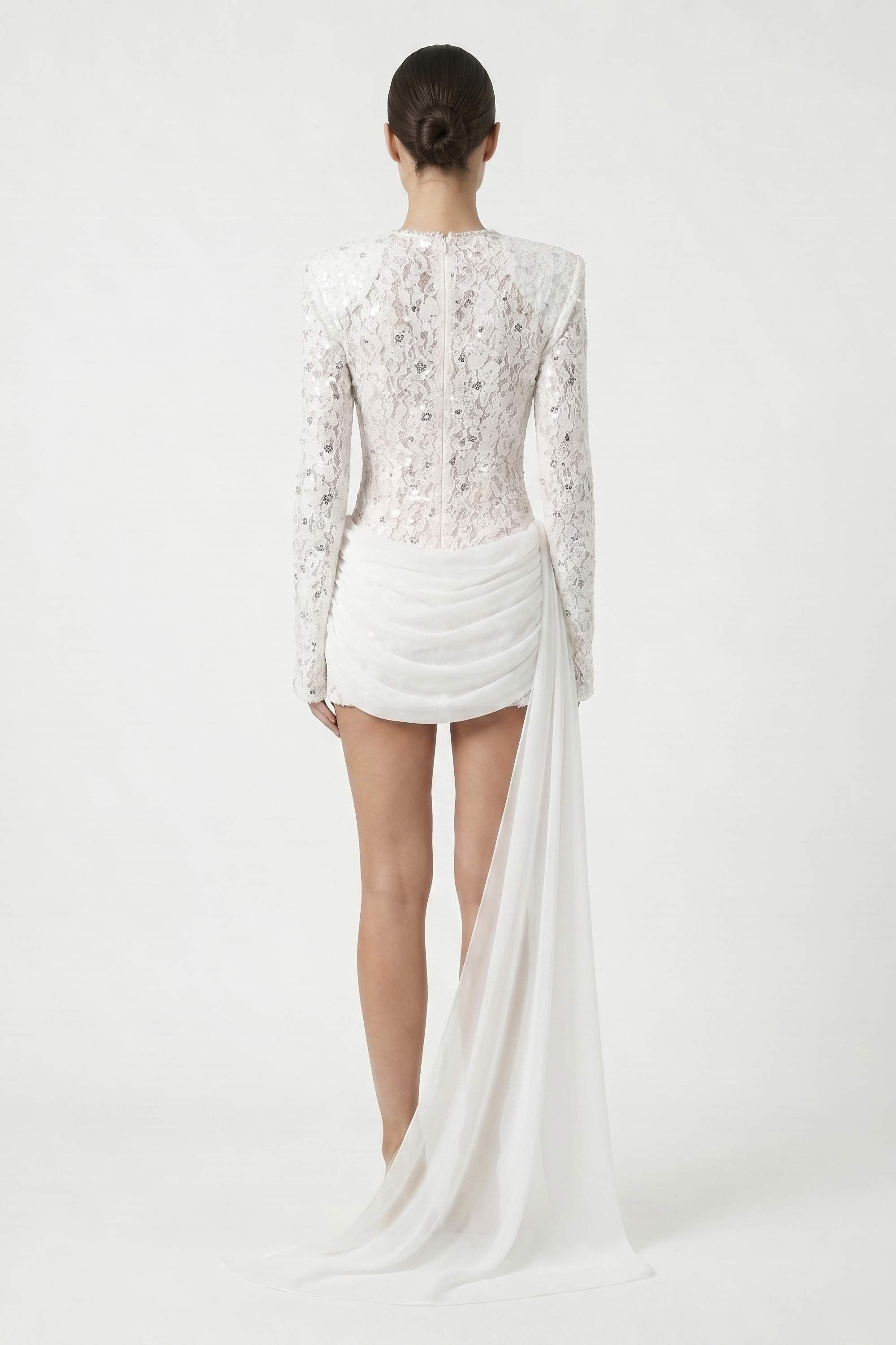 White Long Sleeve Draped Lace Sequin Mini Dress - Dress