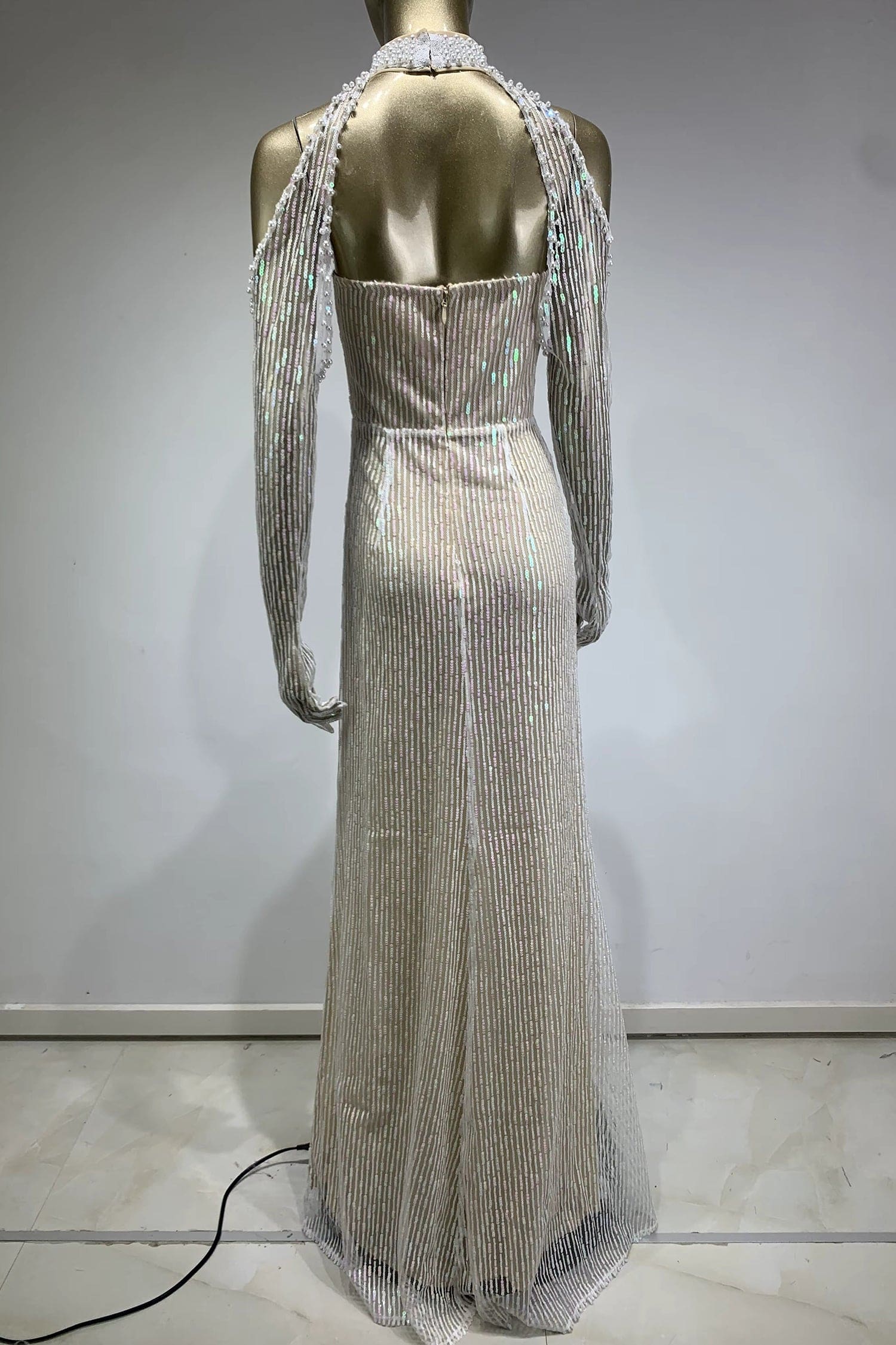 White Sheer Pearl Embellished Slit Maxi Dress Dress