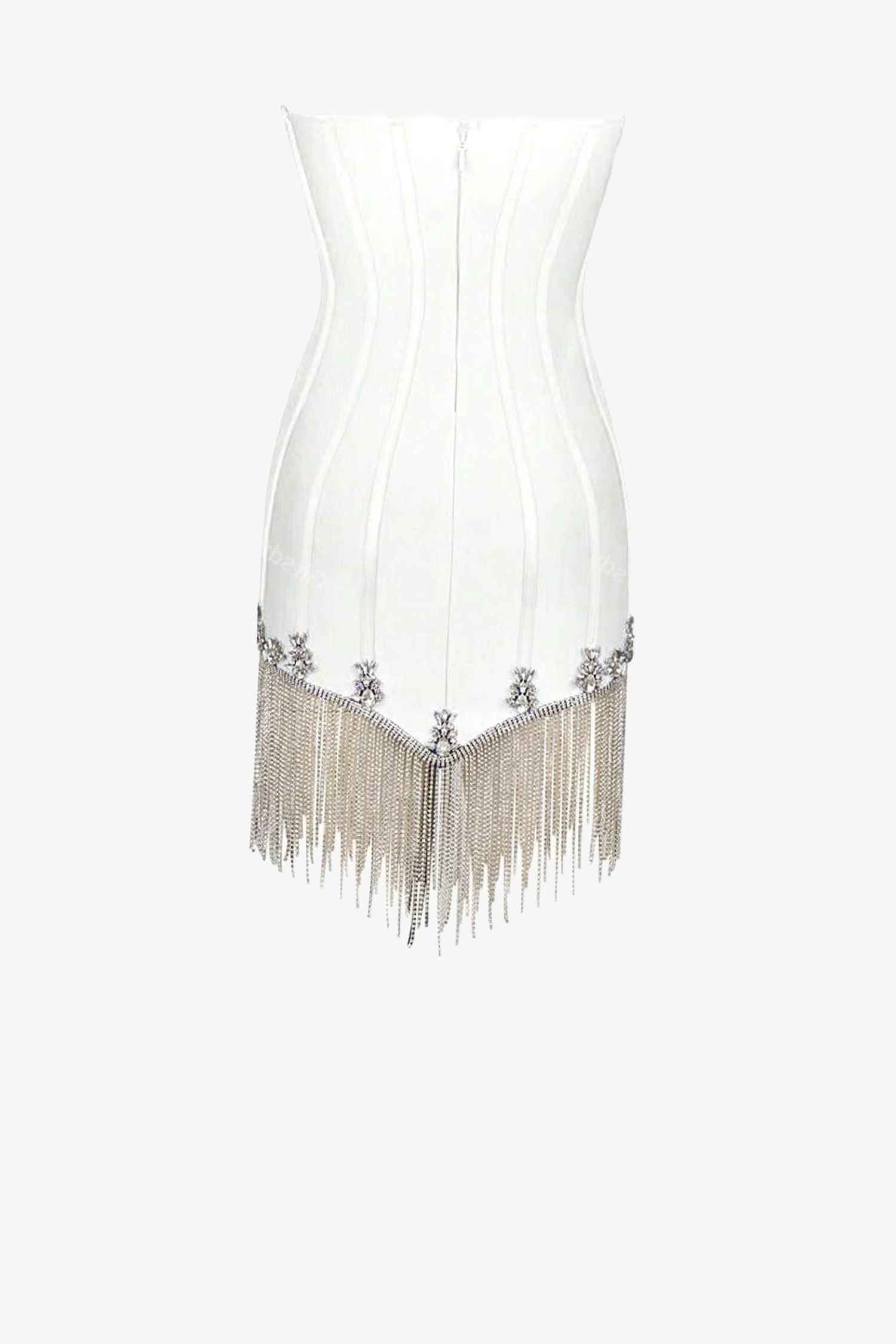 White Strapless Rhinestone Fringe Corset Mini Dress Dress