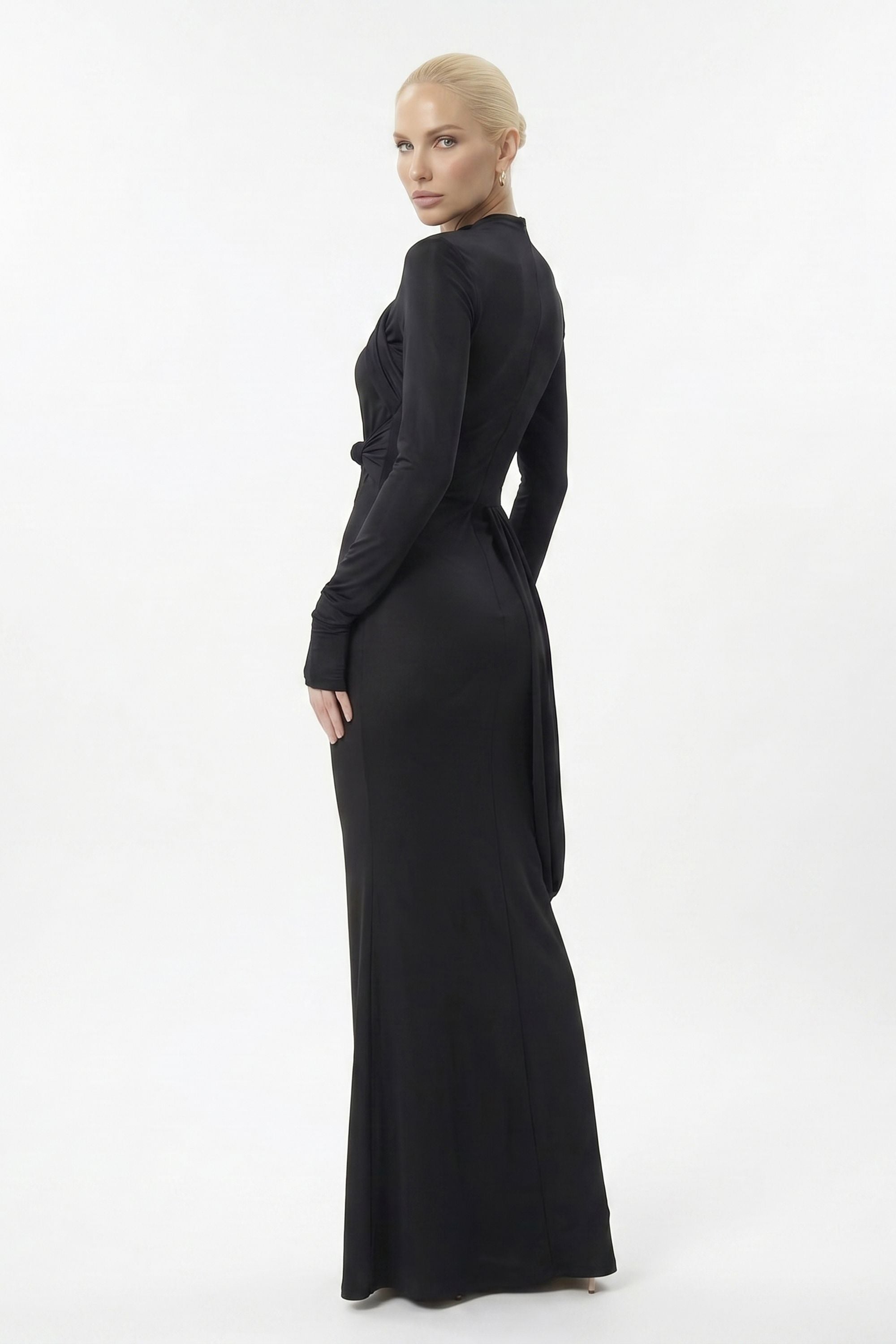 Black Draped Knot Long Sleeve Maxi Dress Black / 2 Black Draped Knot Long Sleeve Maxi Dress Black / 2
