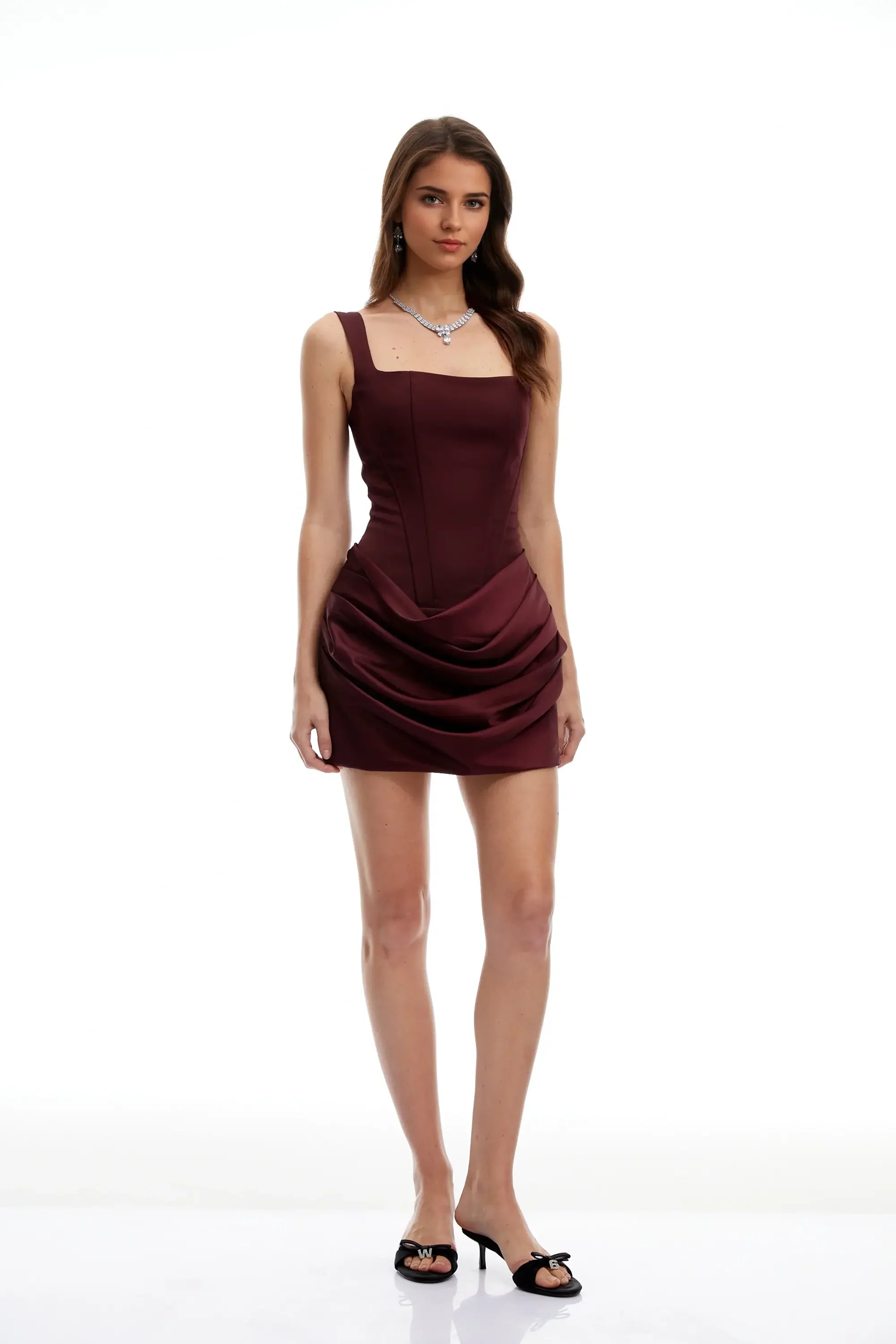 Burgundy Satin Corset Mini Dress With Lace Up Back Dress