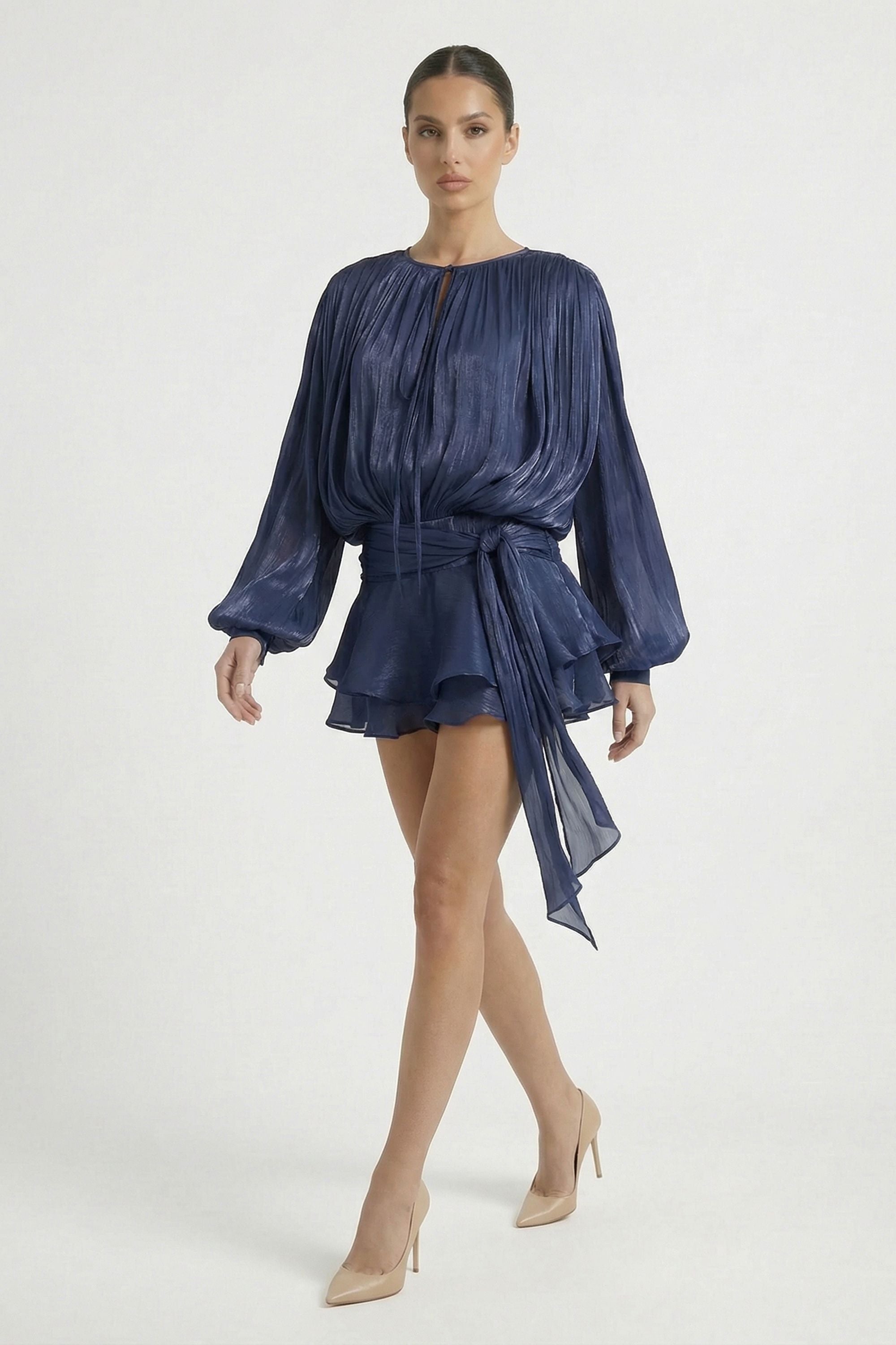 Navy Pleated Long Sleeve Wrap Ruffle Mini Dress - Dress