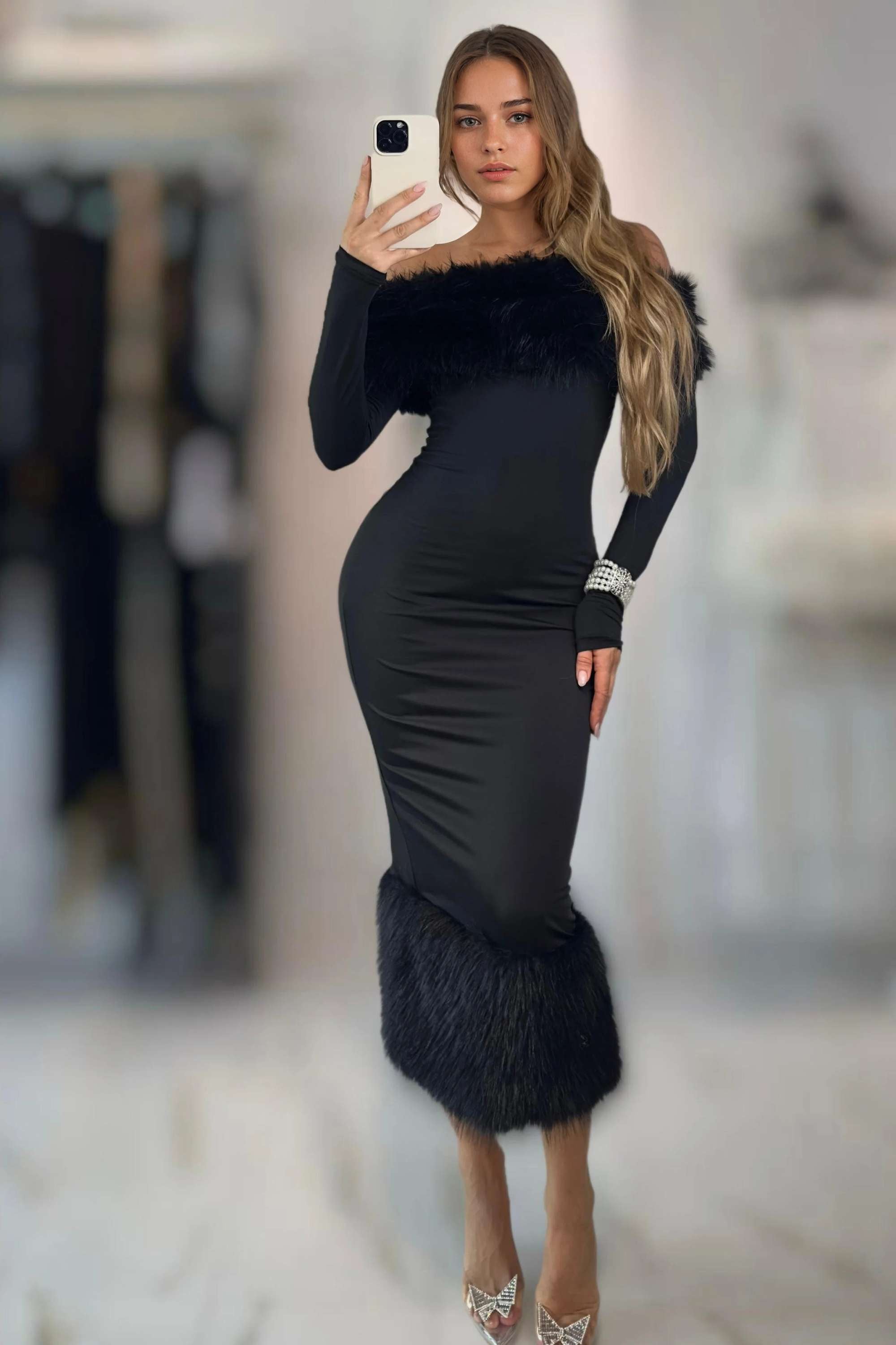Black Off Shoulder Faux Fur Trim Midi Dress Selene Dress Black Off Shoulder Faux Fur Trim Midi Dress Selene Dress