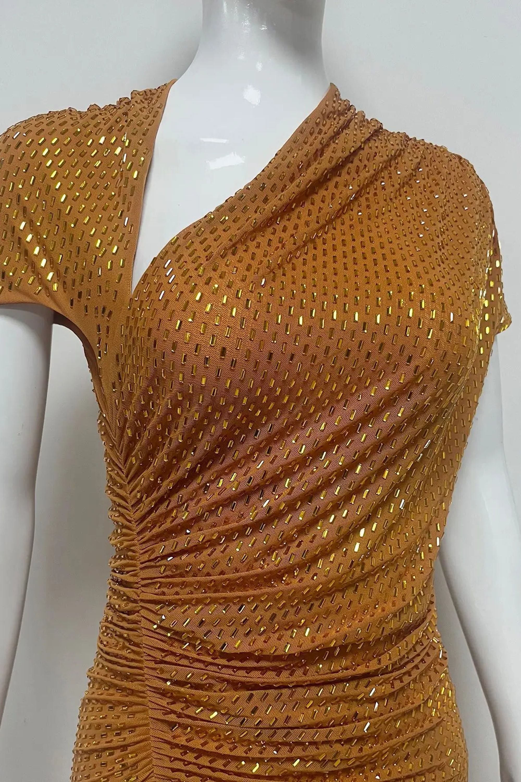Gold Rhinestone Short Sleeve Mesh Maxi Dress Gold / 00