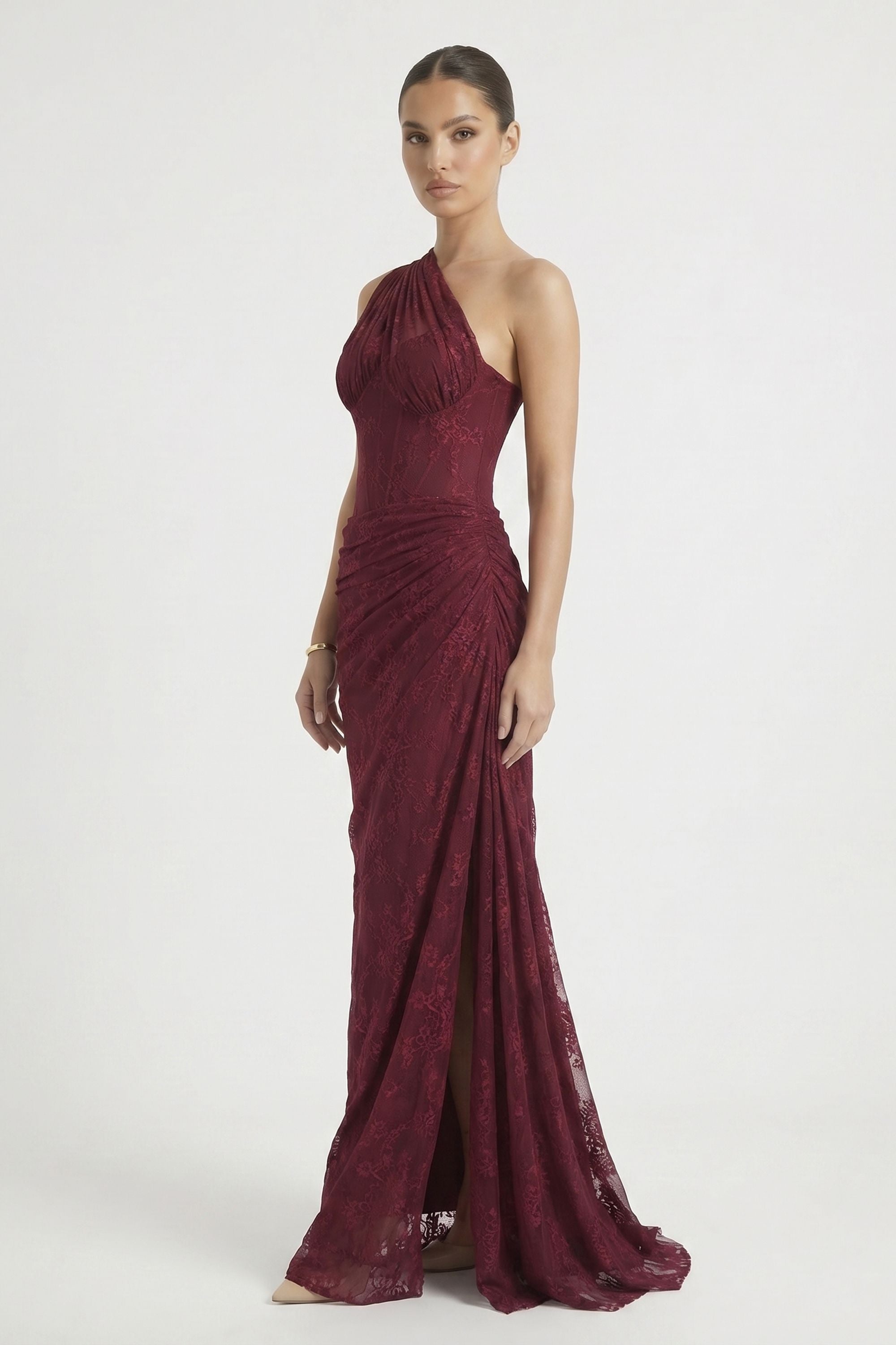 Burgundy One Shoulder Lace Maxi Dress - Dress