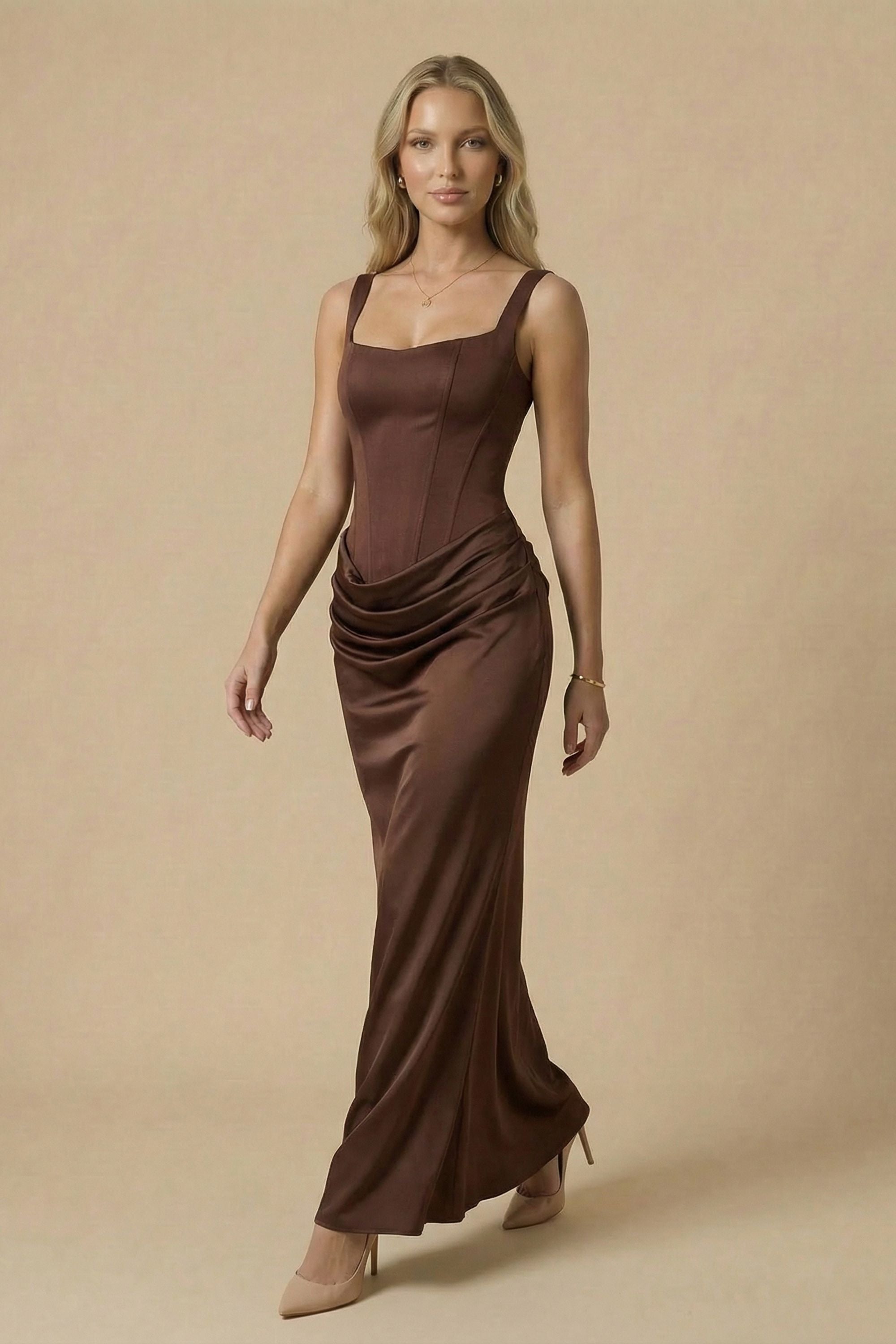 Brown Draped Satin Bustier Maxi Dress - Dress