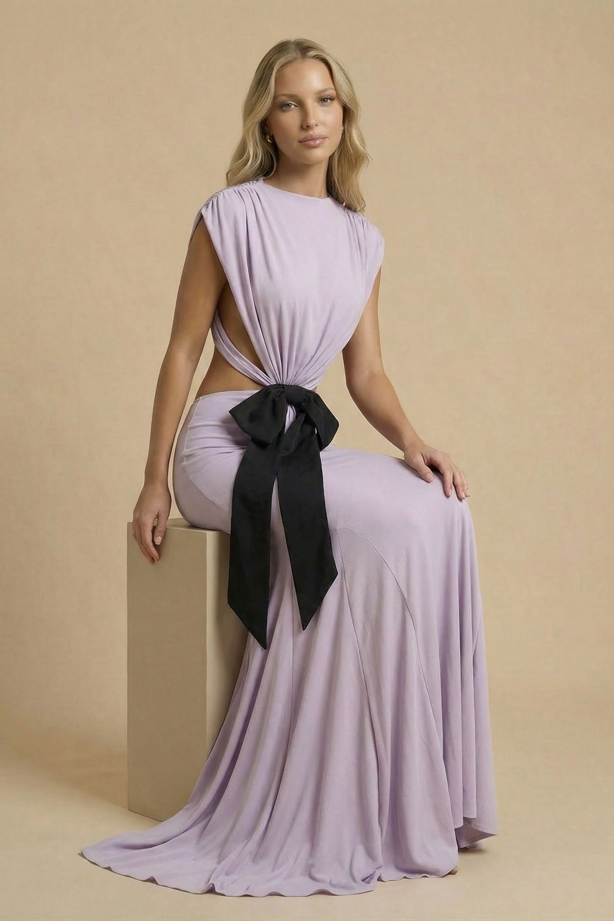 Lilac Bow High Neck Backless Mermaid Dress Dress