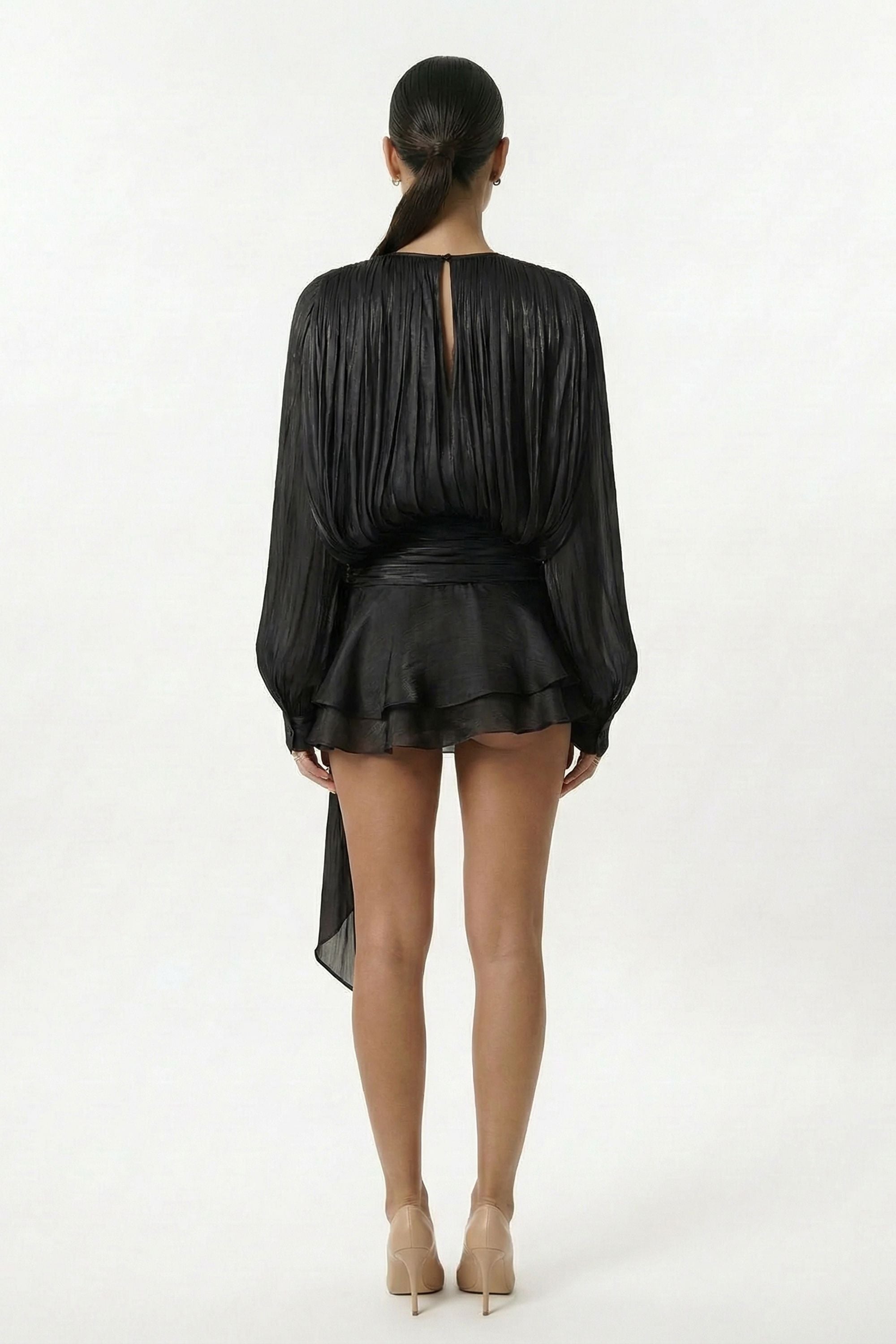 Black Pleated Long Sleeve Tie Waist Ruffle Mini Dress - Dress