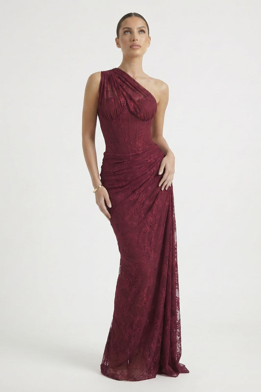 Burgundy One Shoulder Lace Maxi Dress - Burgundy / 2 - Dress