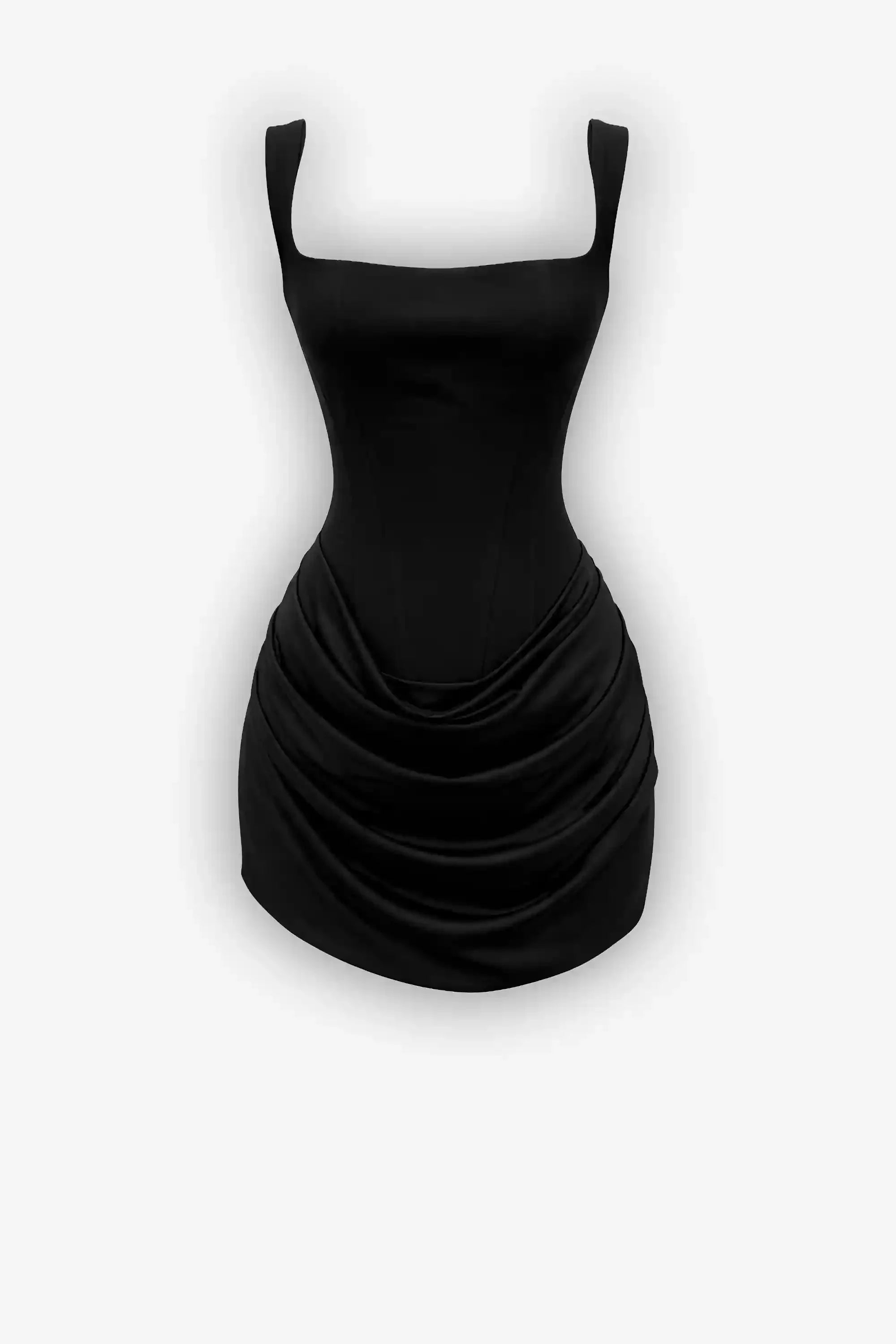 Black Satin Lace-Up Corset Mini Dress with Square Neck Dress