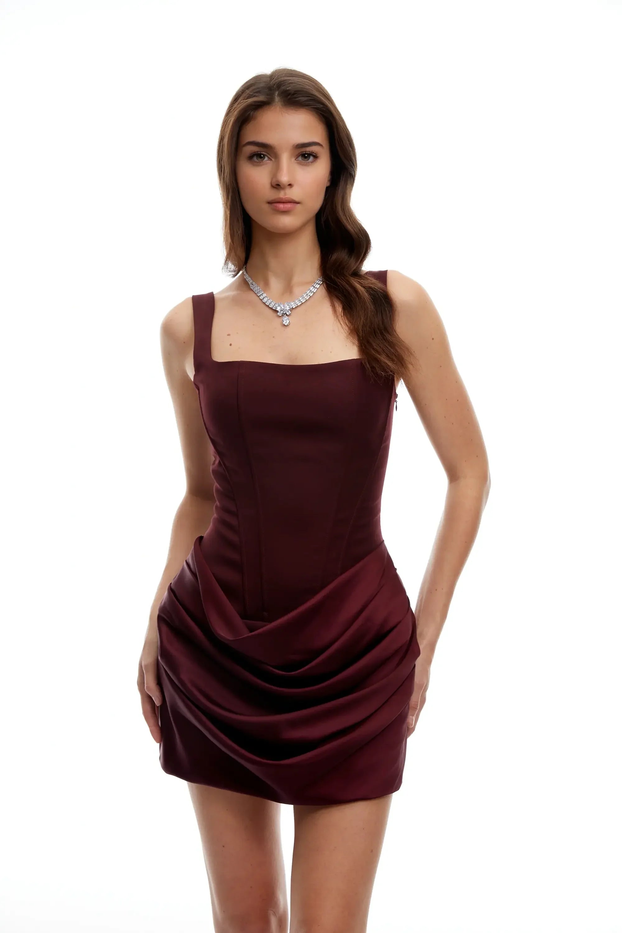 Burgundy Satin Corset Mini Dress With Lace Up Back Dress
