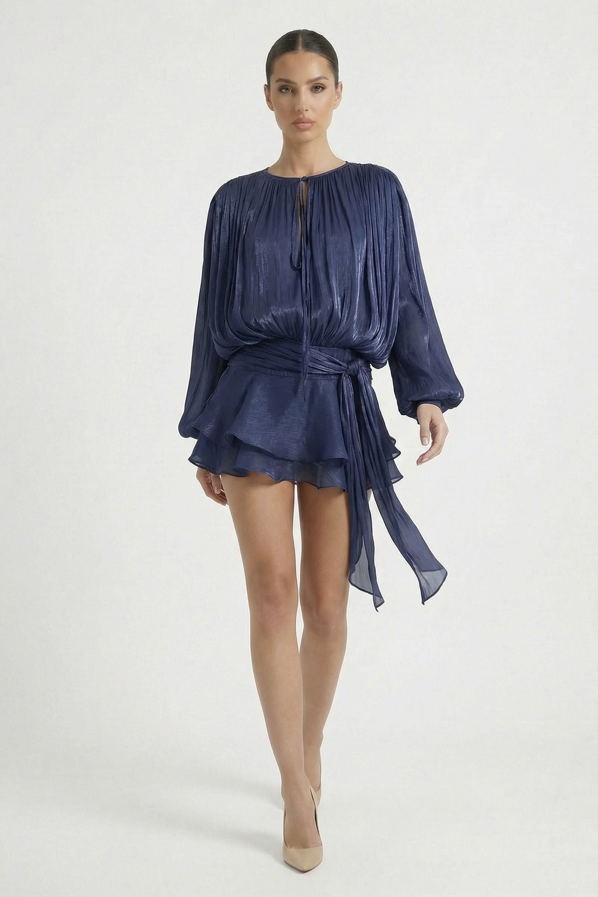 Navy Pleated Long Sleeve Wrap Ruffle Mini Dress - Navy / 4 - Dress