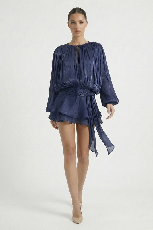 Navy Pleated Long Sleeve Wrap Ruffle Mini Dress - Navy / 4 - Dress